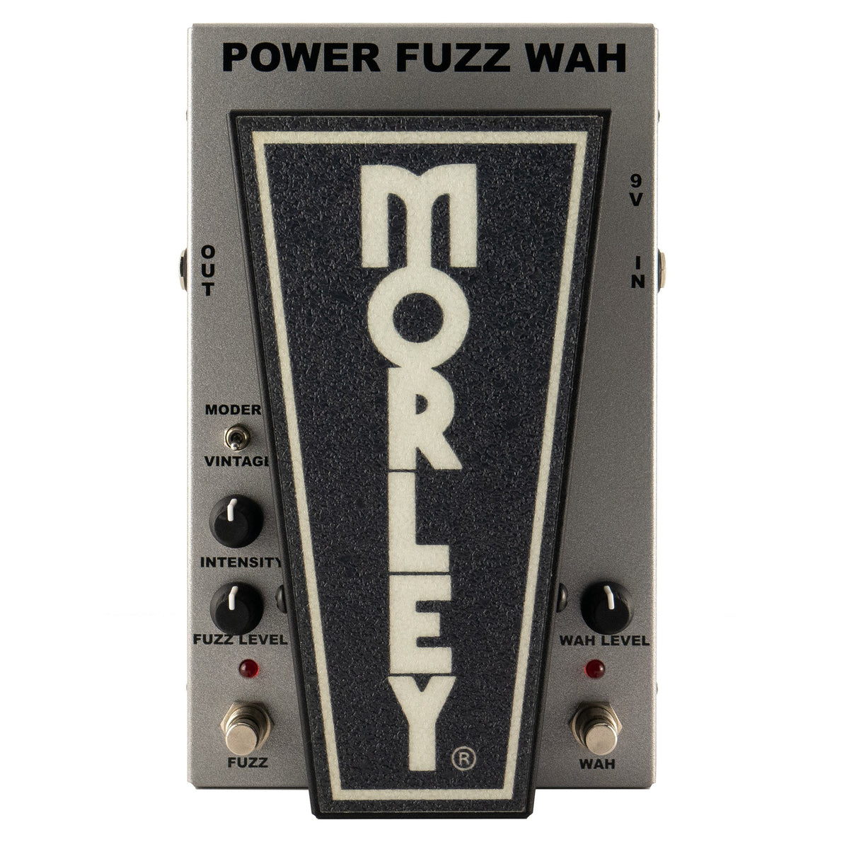 Morley Classic Power Fuzz Wah top view, silver housing with black Morley treadle, Modern/Vintage toggle, Intensity, Fuzz Level and Wah Level knobs