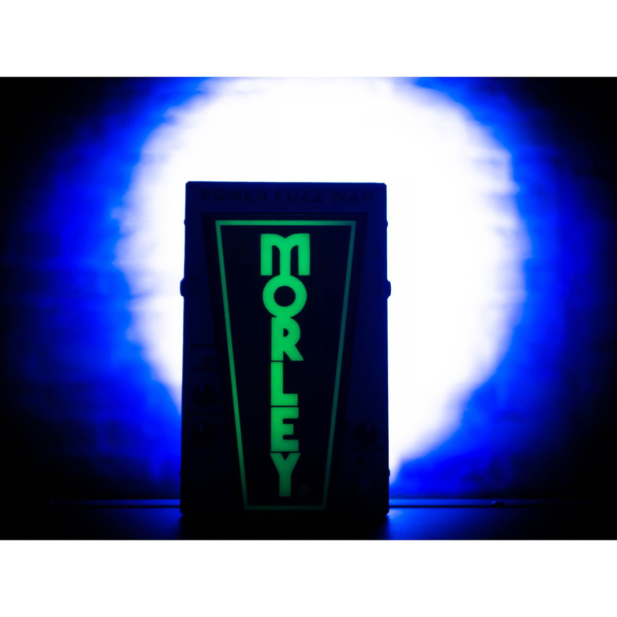 Morley Classic Power Fuzz Wah top view with the glow-in-the-dark treadle lit green