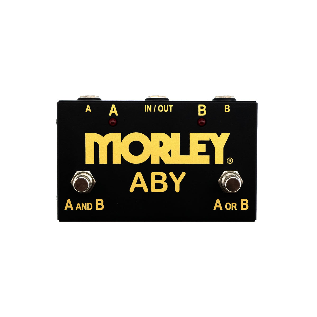 Morley Gold Series ABY top view, black housing with gold Morley ABY graphics and two footswitches