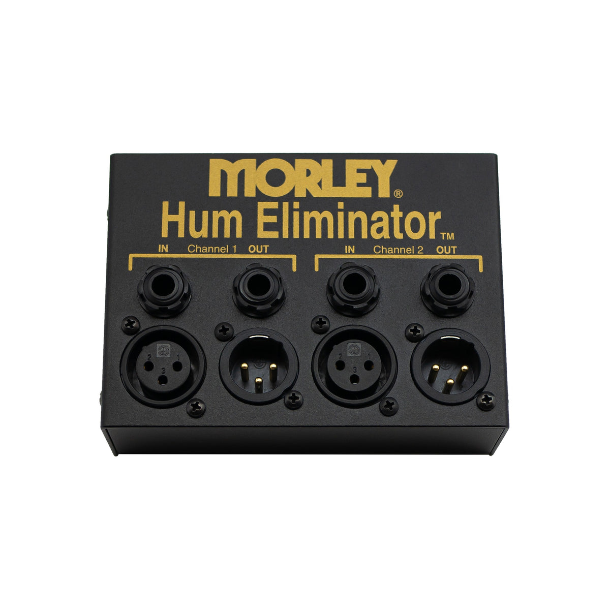 Morley Hum Eliminator front panel, black box with gold lettering, two channels of 1/4″ and XLR jacks