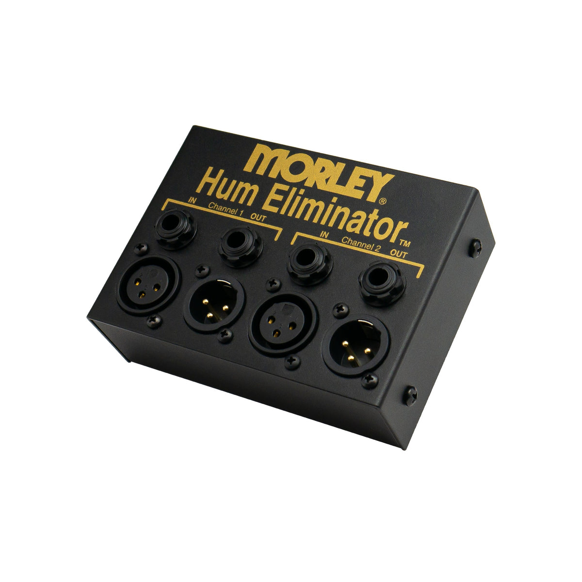 Morley Hum Eliminator angled from the left showing the jack panel