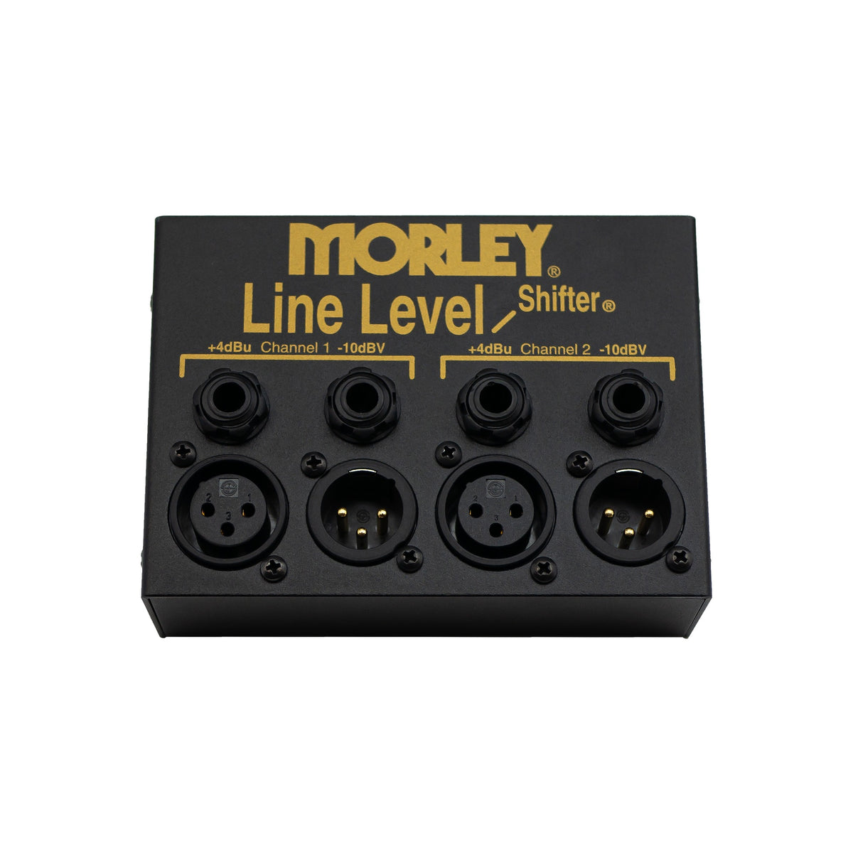 Morley Line Level Shifter front panel, black box with gold lettering, two channels of 1/4″ and XLR jacks