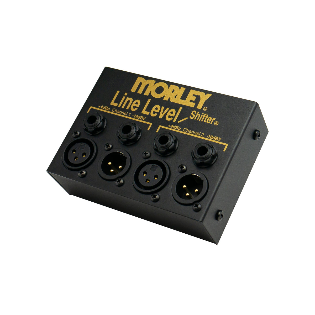 Morley Line Level Shifter angled from the left showing the jack panel