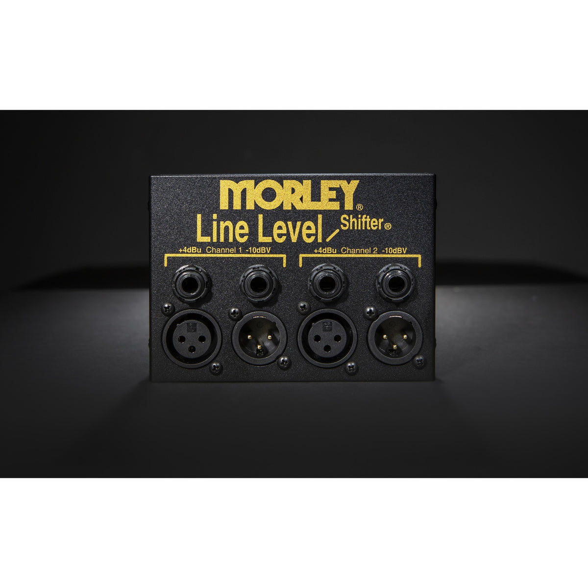Morley Line Level Shifter front panel lit on a dark background
