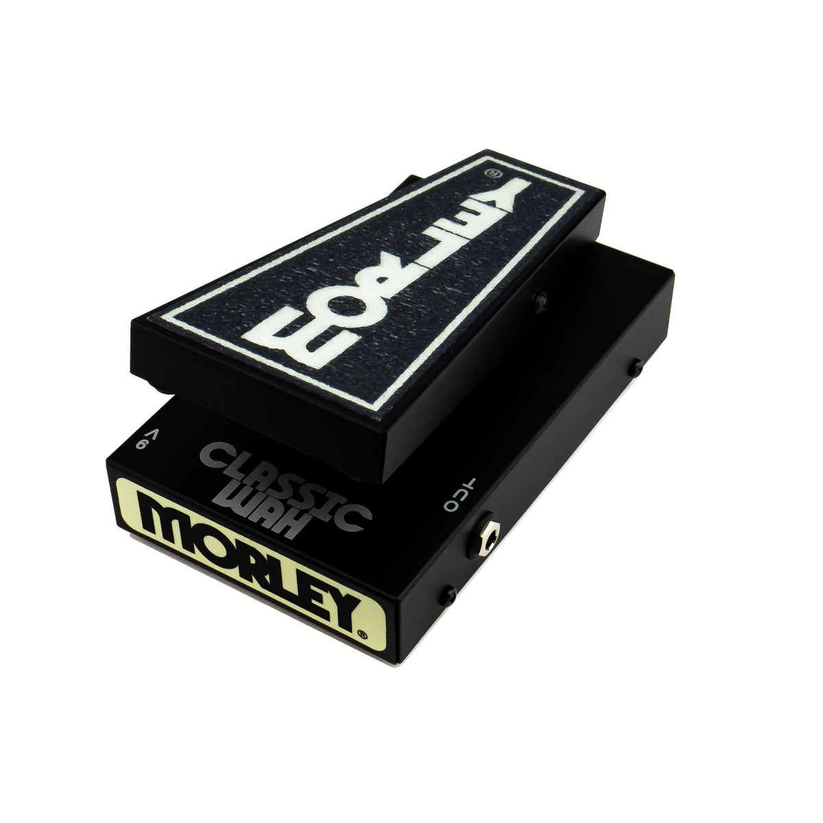 Morley Mini Classic Switchless Wah angled from the left showing the toe-end model name and Morley logo plate