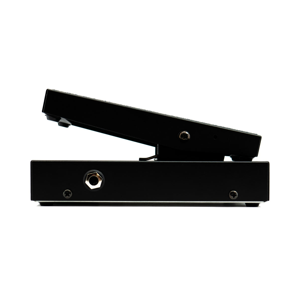 Morley Mini Classic Switchless Wah left side profile with treadle raised and output jack visible