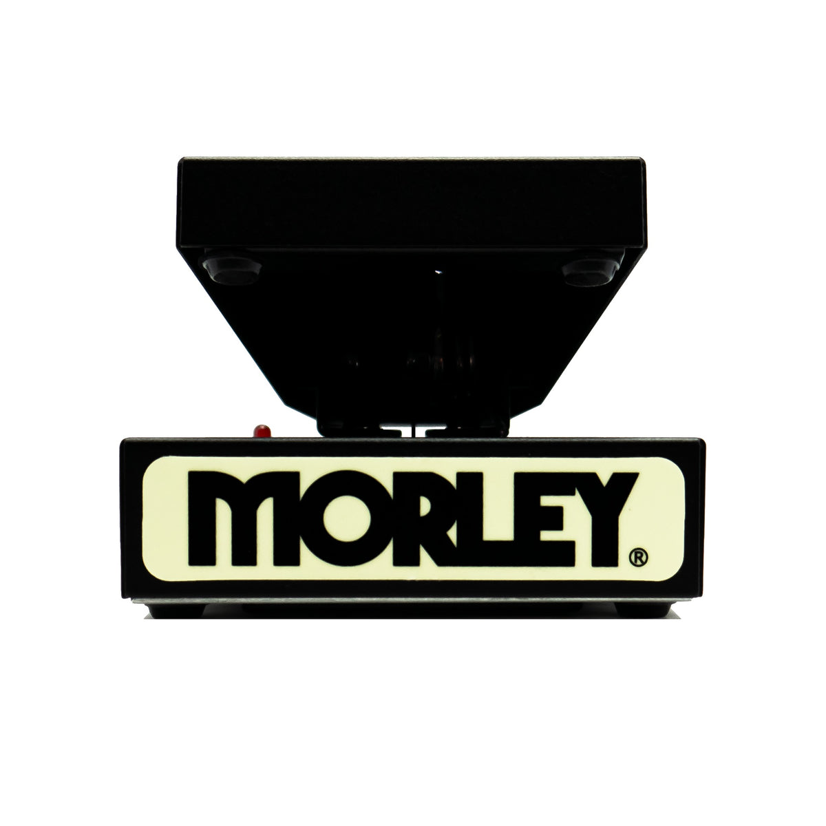 Morley Mini Classic Switchless Wah toe-end view of the cream Morley logo plate on the black housing