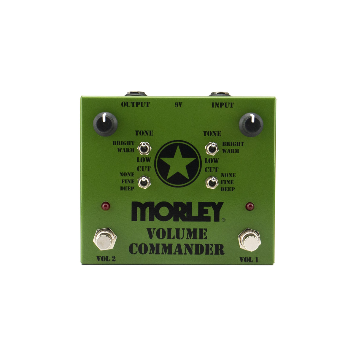 Morley Volume Commander top view, green housing with star graphic, two volume knobs, tone and low-cut switches and two footswitches