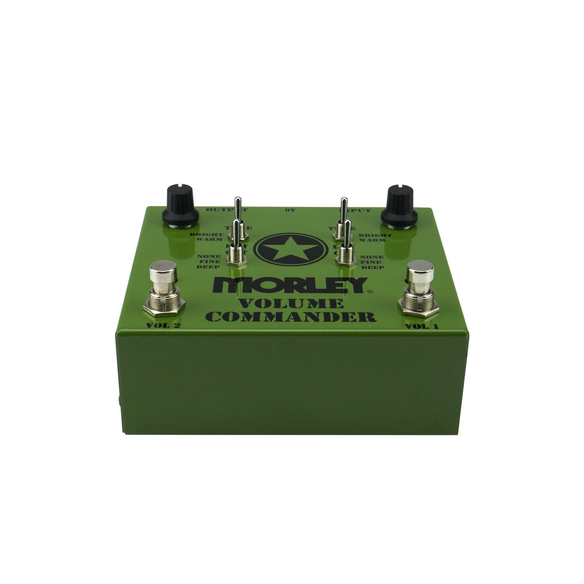 Morley Volume Commander front angle showing the Vol 1 and Vol 2 footswitches
