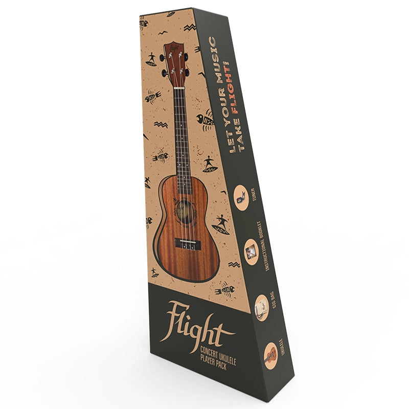 Flight NUC Pack concert ukulele player pack box showing the ukulele, accessory icons and the Flight logo