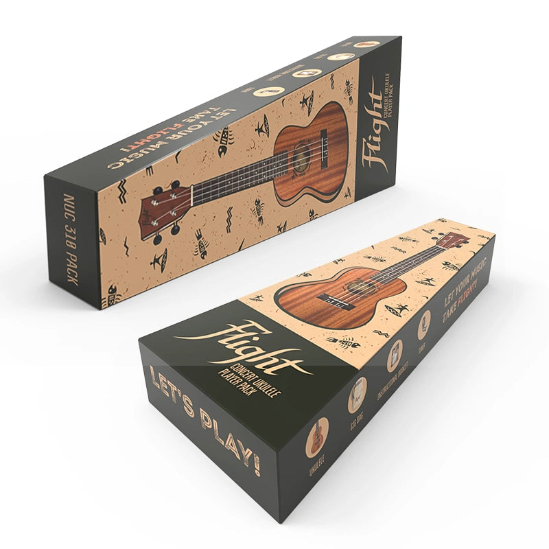 Two angled views of the Flight NUC Pack concert ukulele player pack box with the Let's Play tagline