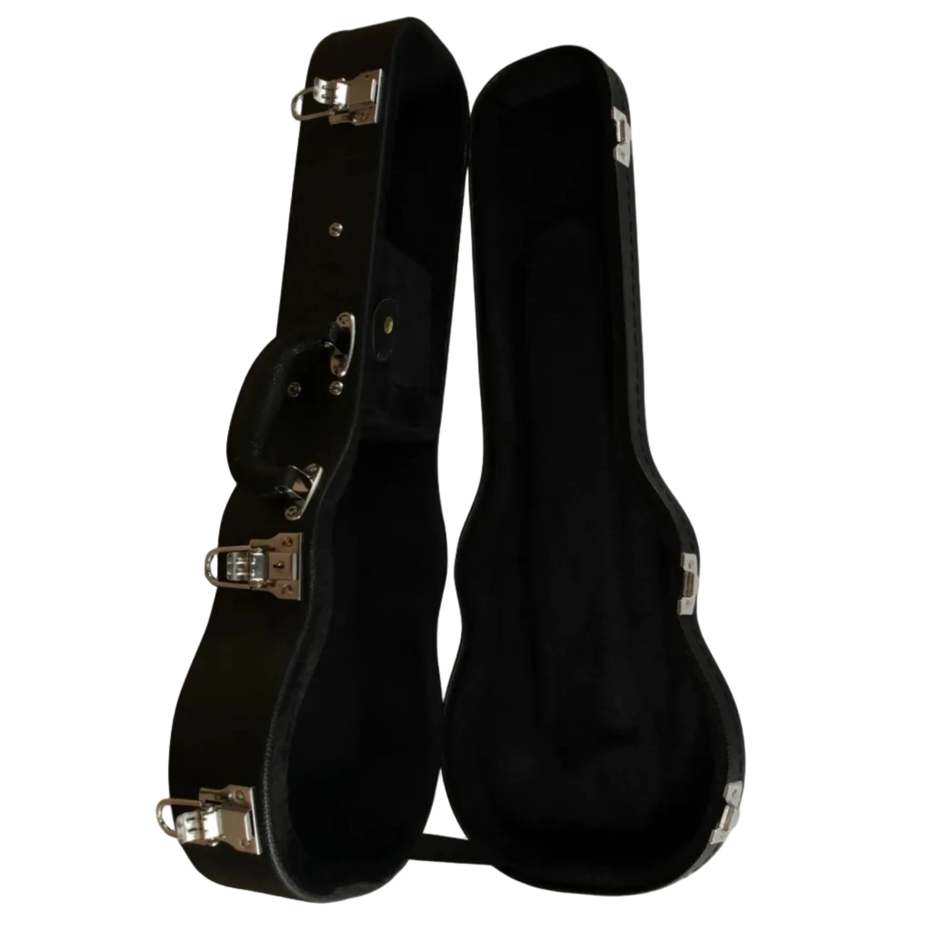 Ohana BEM-21 black soprano ukulele hardshell case, open, with plush interior and chrome latches.