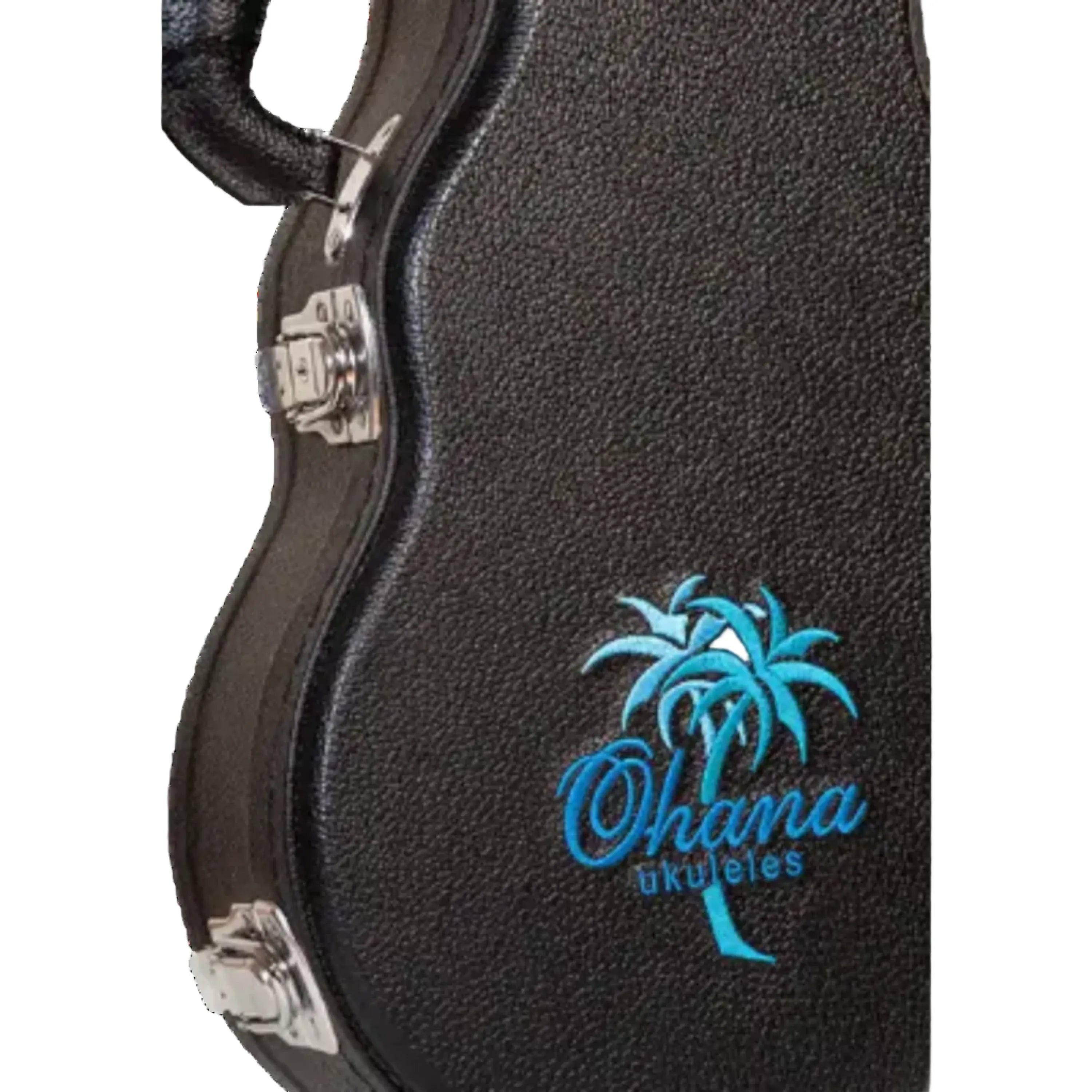 Ohana BEM-21 black soprano ukulele hardshell case with blue embroidered logo and chrome latches.