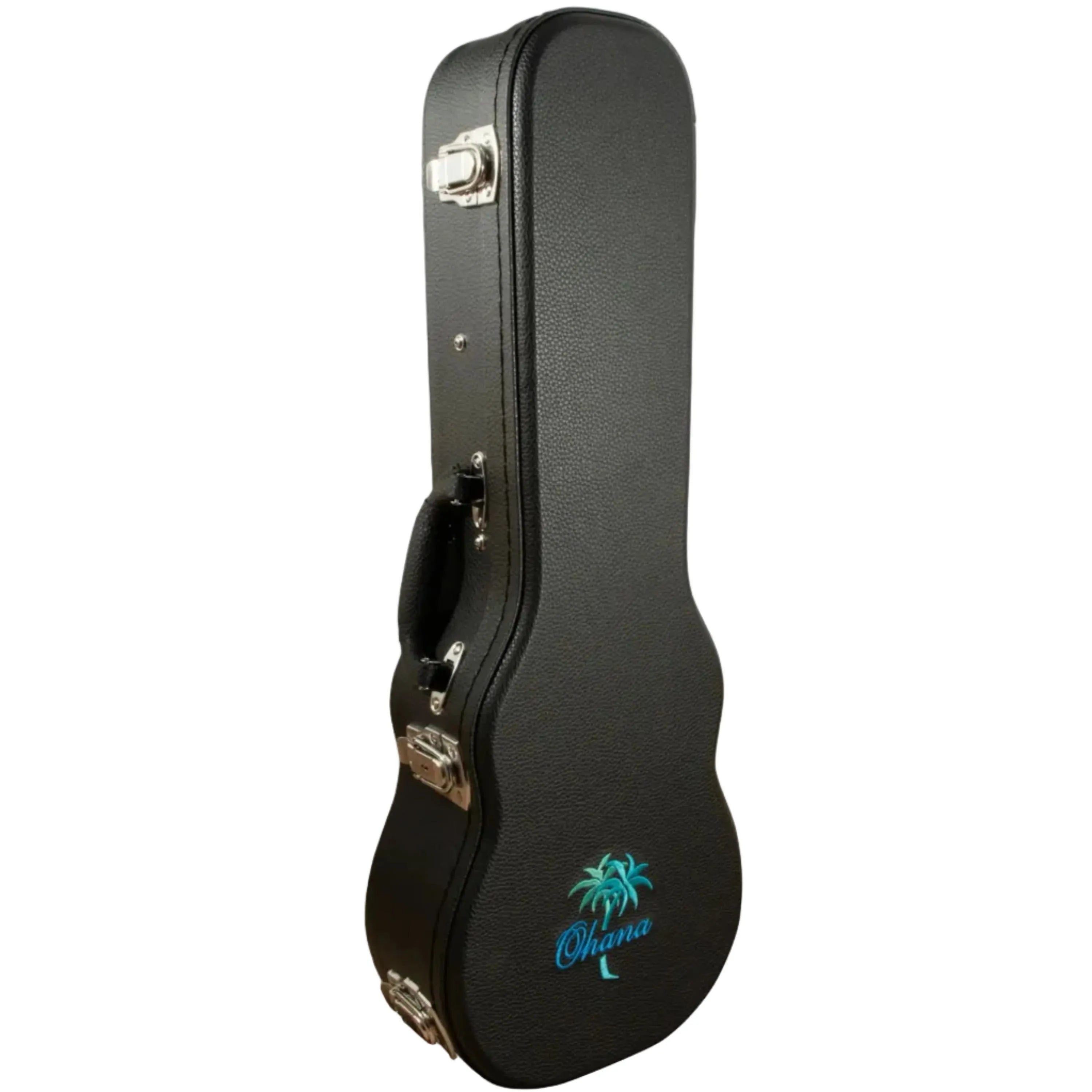 Ohana BEM-21 black soprano ukulele hardshell case with chrome latches and blue palm tree logo.