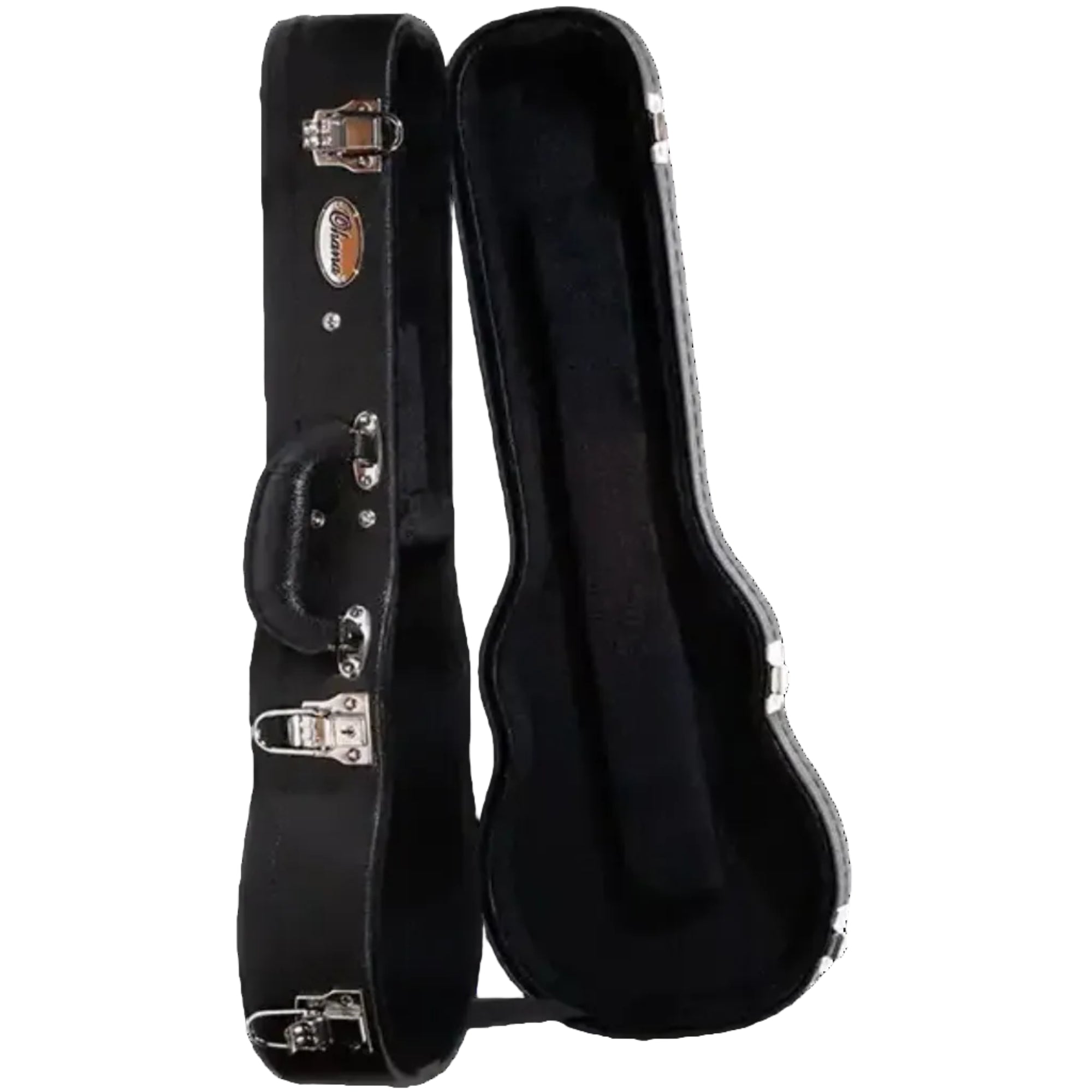 Ohana BEM-24 black concert ukulele hardshell case, open, with plush interior and chrome latches.