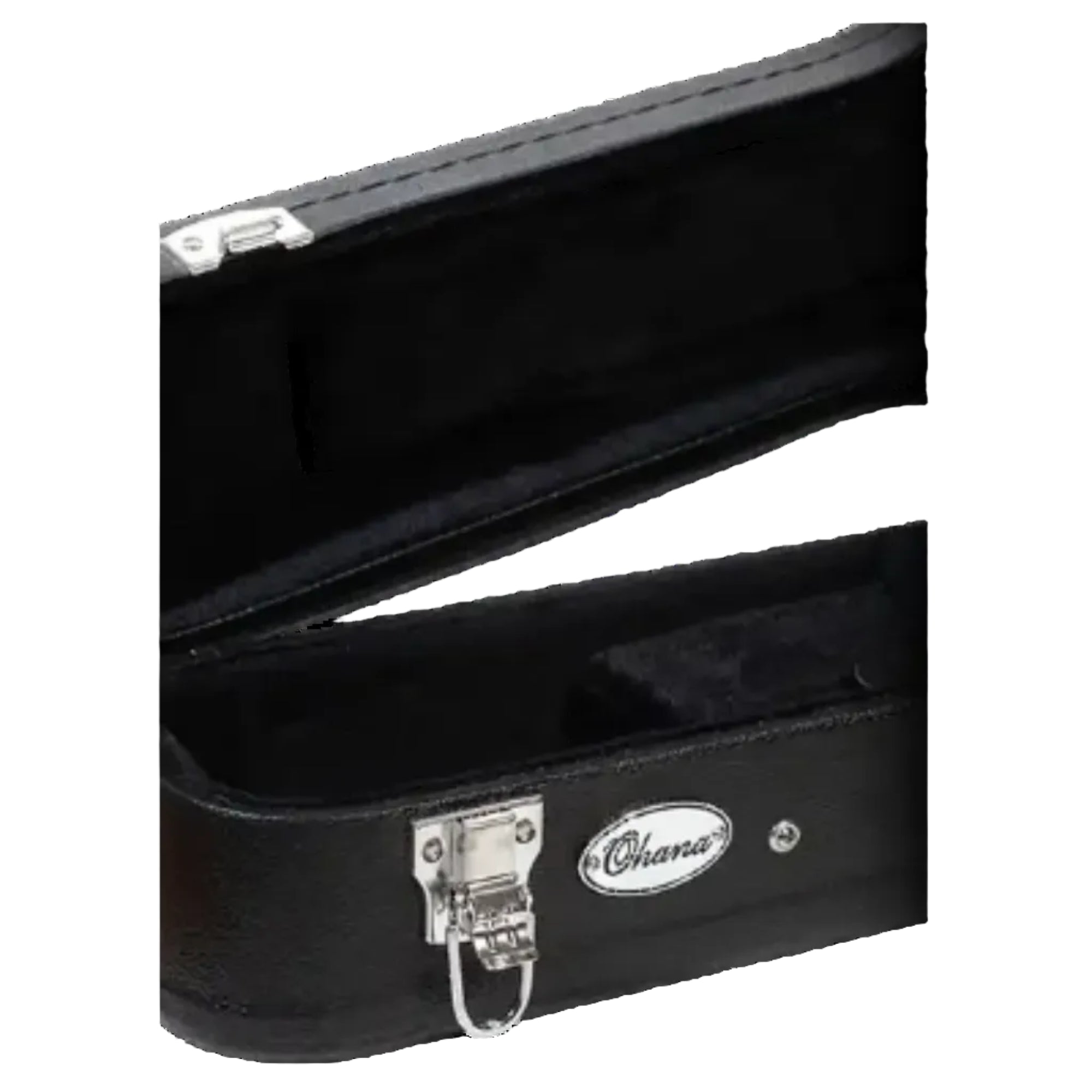 Ohana BEM-24 Black Concert Ukulele Hardshell Case, open with plush interior and chrome latch.
