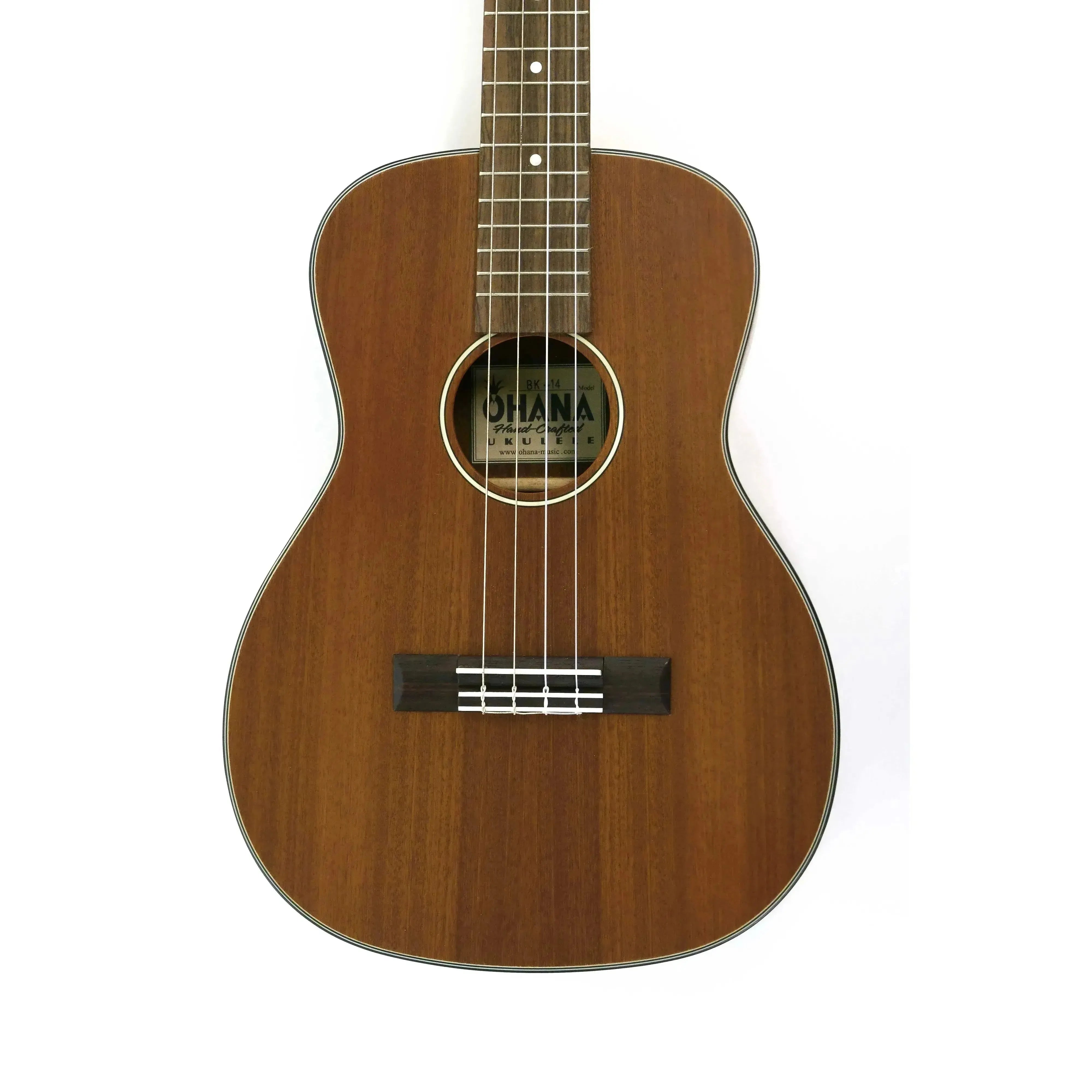 Ohana BK-14 mahogany baritone ukulele with satin finish, black binding, and pearloid dot fret markers.