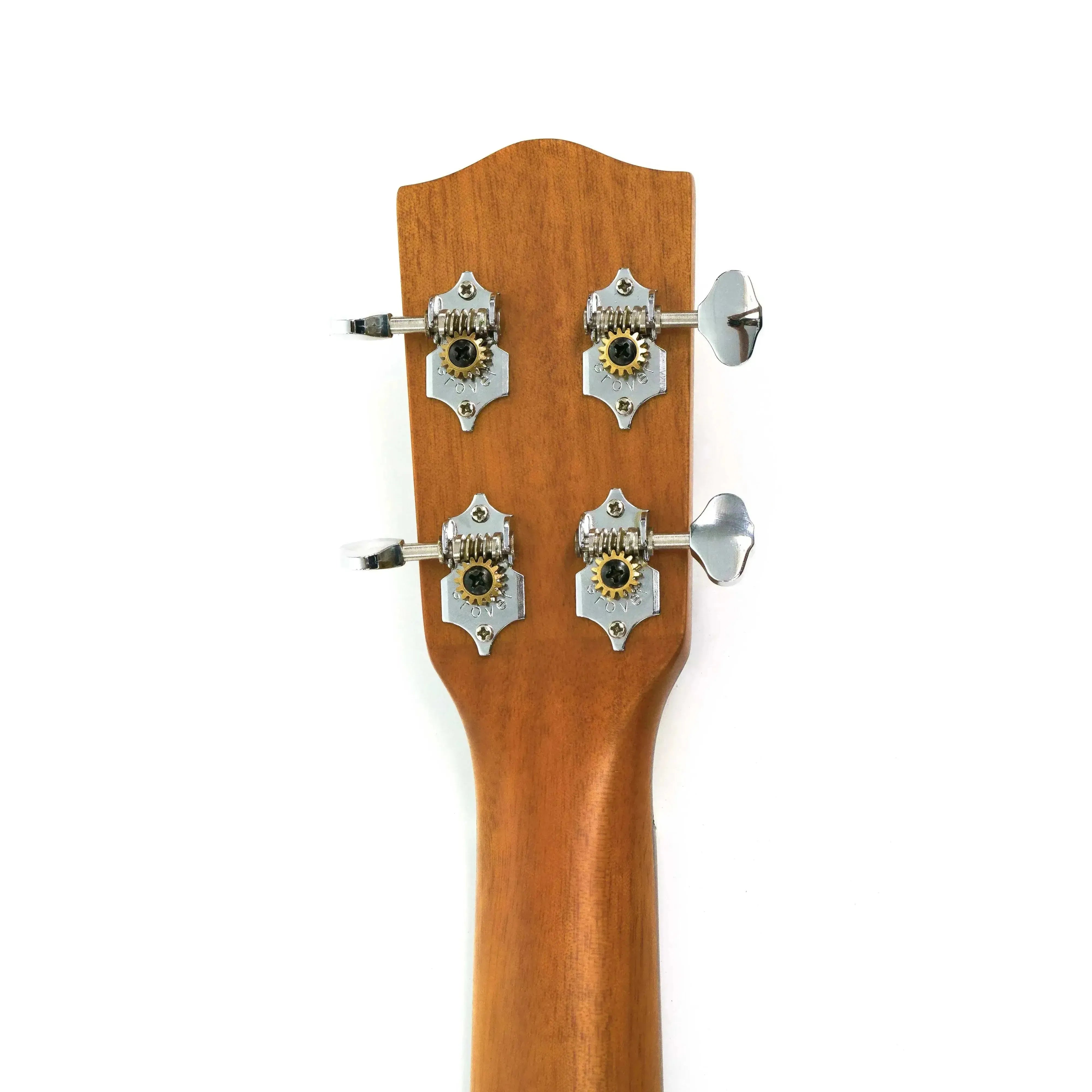 Ohana BK-14 Baritone Ukulele headstock with open-slotted design, mahogany finish, and four Grover tuners.