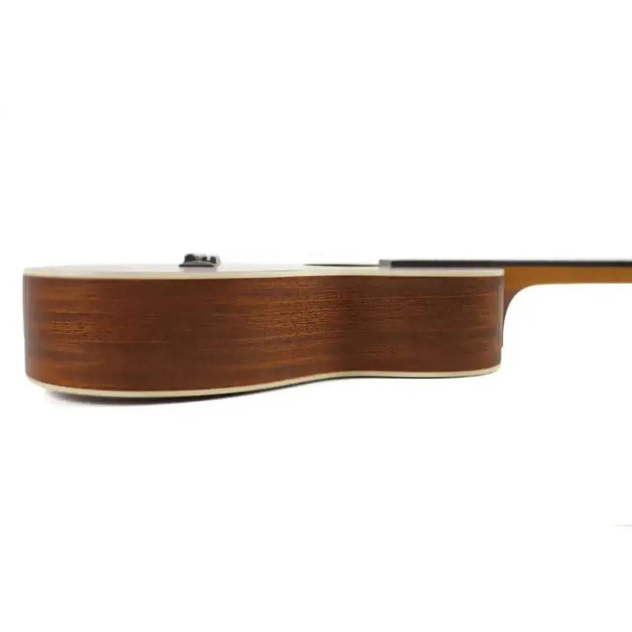 Ohana BK-20 Baritone Ukulele, side view, showing solid mahogany top, laminate back, and cream binding.