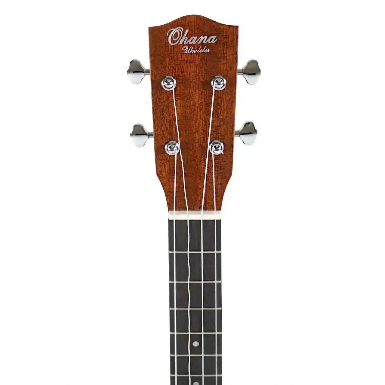 Ohana BK-20 Baritone Ukulele headstock with mahogany finish, chrome tuners, and white strings.