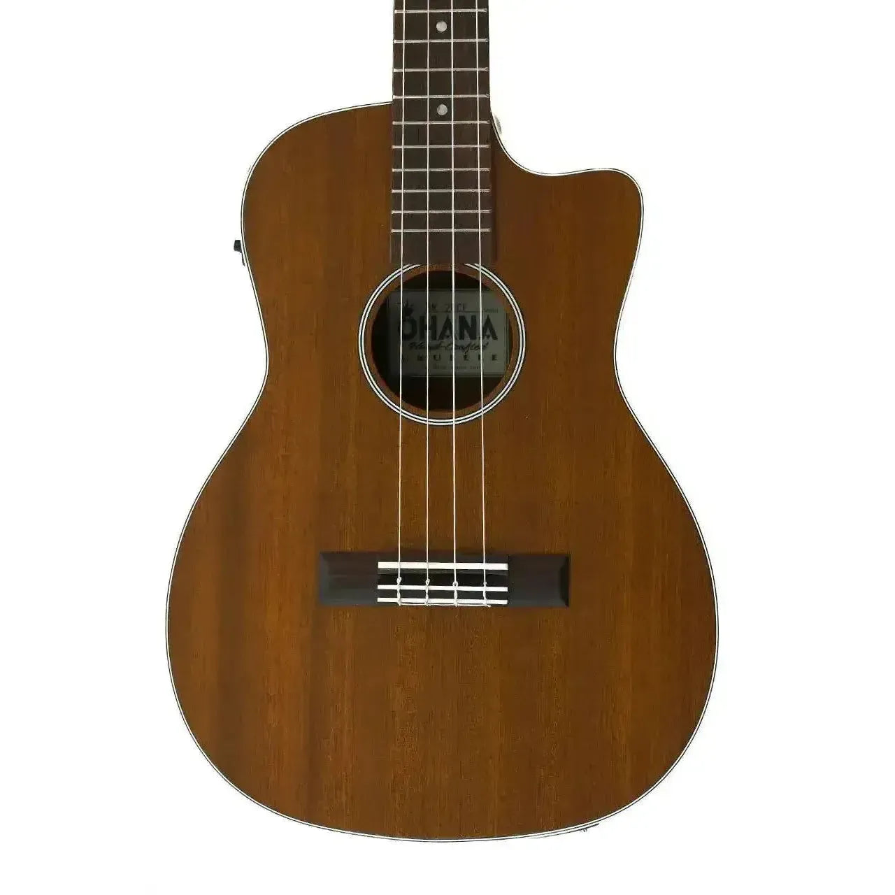 Ohana BK-20CE Baritone Ukulele with solid mahogany top, cutaway, and cream binding.