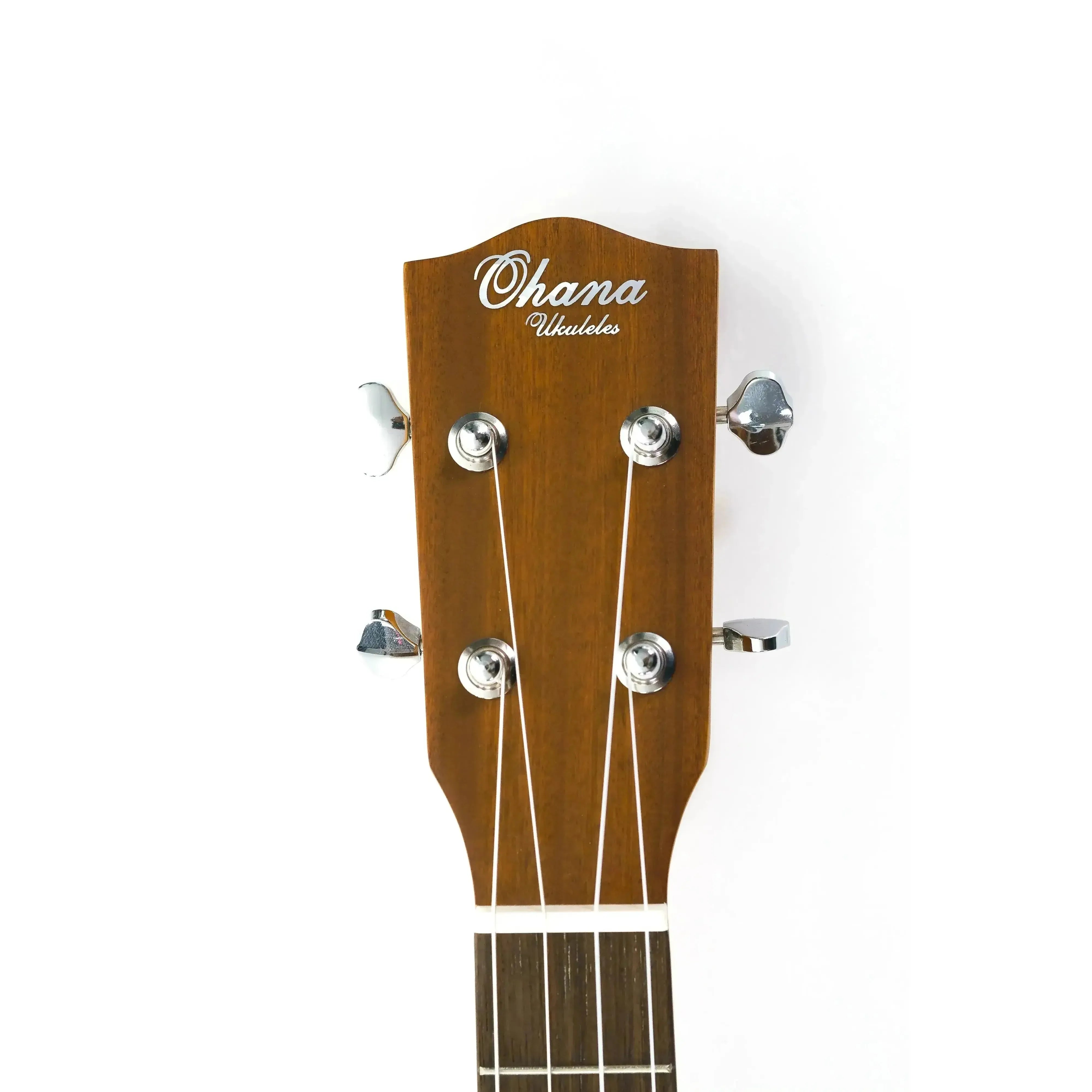 Ohana Ukuleles mahogany baritone ukulele headstock with chrome tuners and white logo.