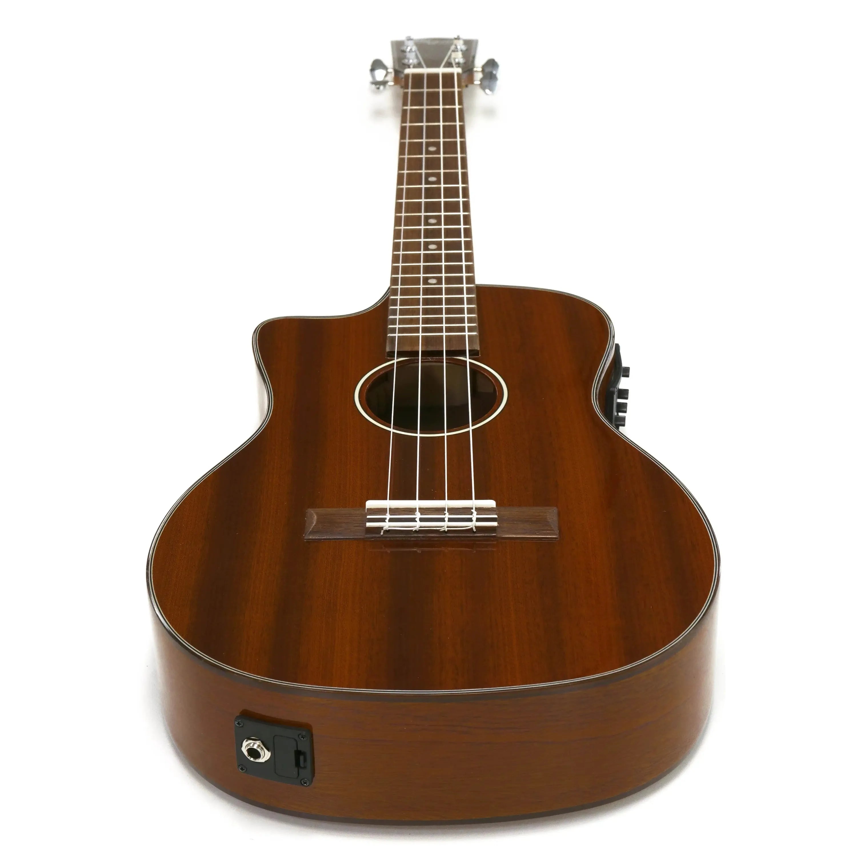 Ohana BK-35GCE-LH left-handed baritone ukulele with dark mahogany finish, cutaway, and pickup.