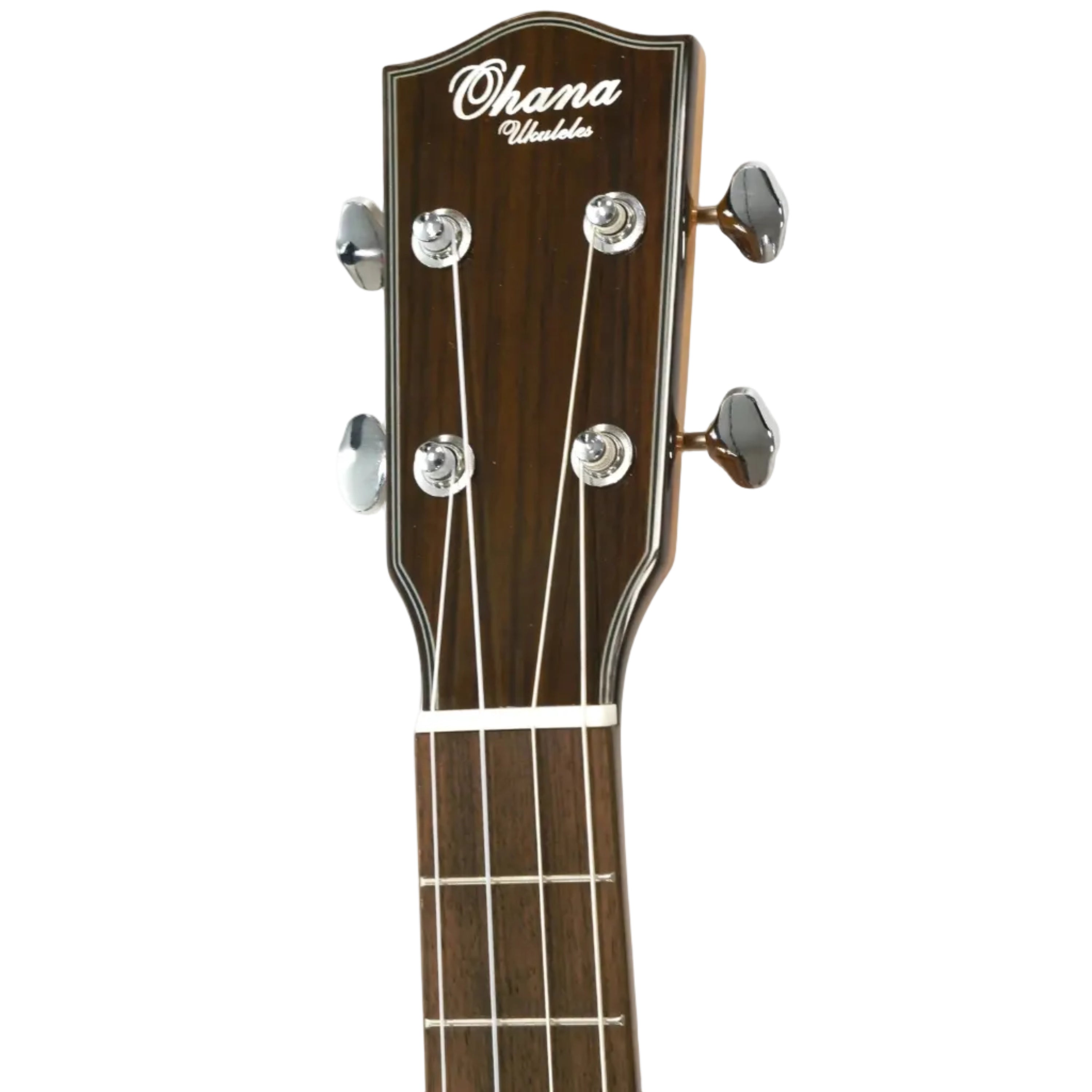 Ohana BK-35GCE-LH Left-Handed Baritone Ukulele headstock with "Ohana Ukuleles" logo, chrome tuners, and dark wood.
