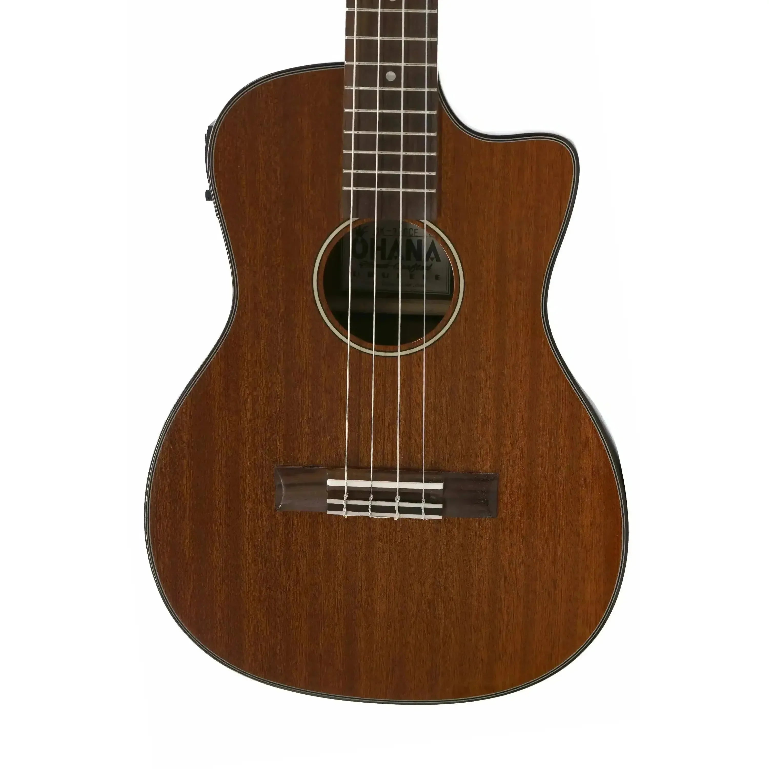 Ohana BK-35GCE solid mahogany baritone ukulele with cutaway, gloss finish, and pickup.