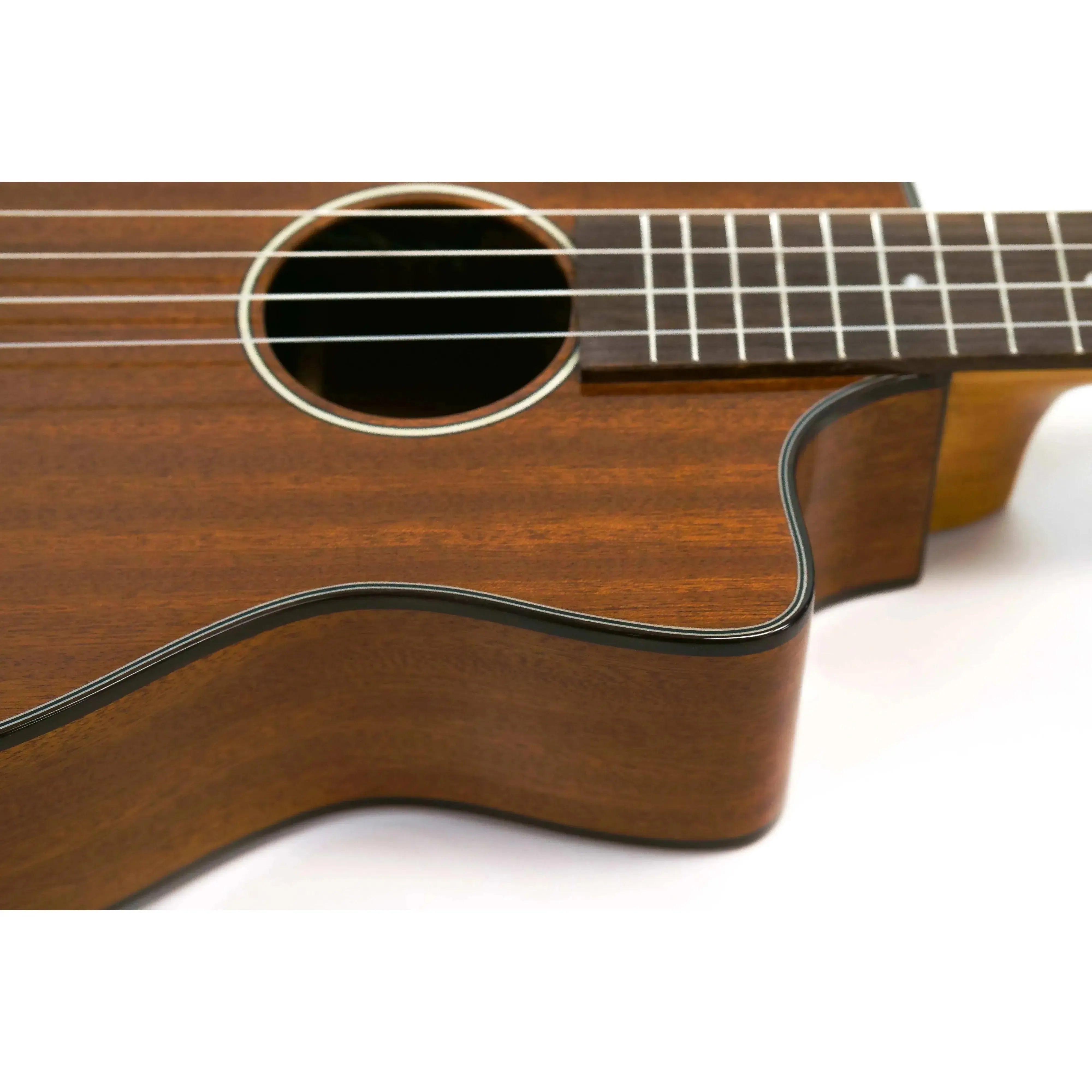 Ohana BK-35GCE solid mahogany baritone ukulele body with soundhole, fretboard, and strings.