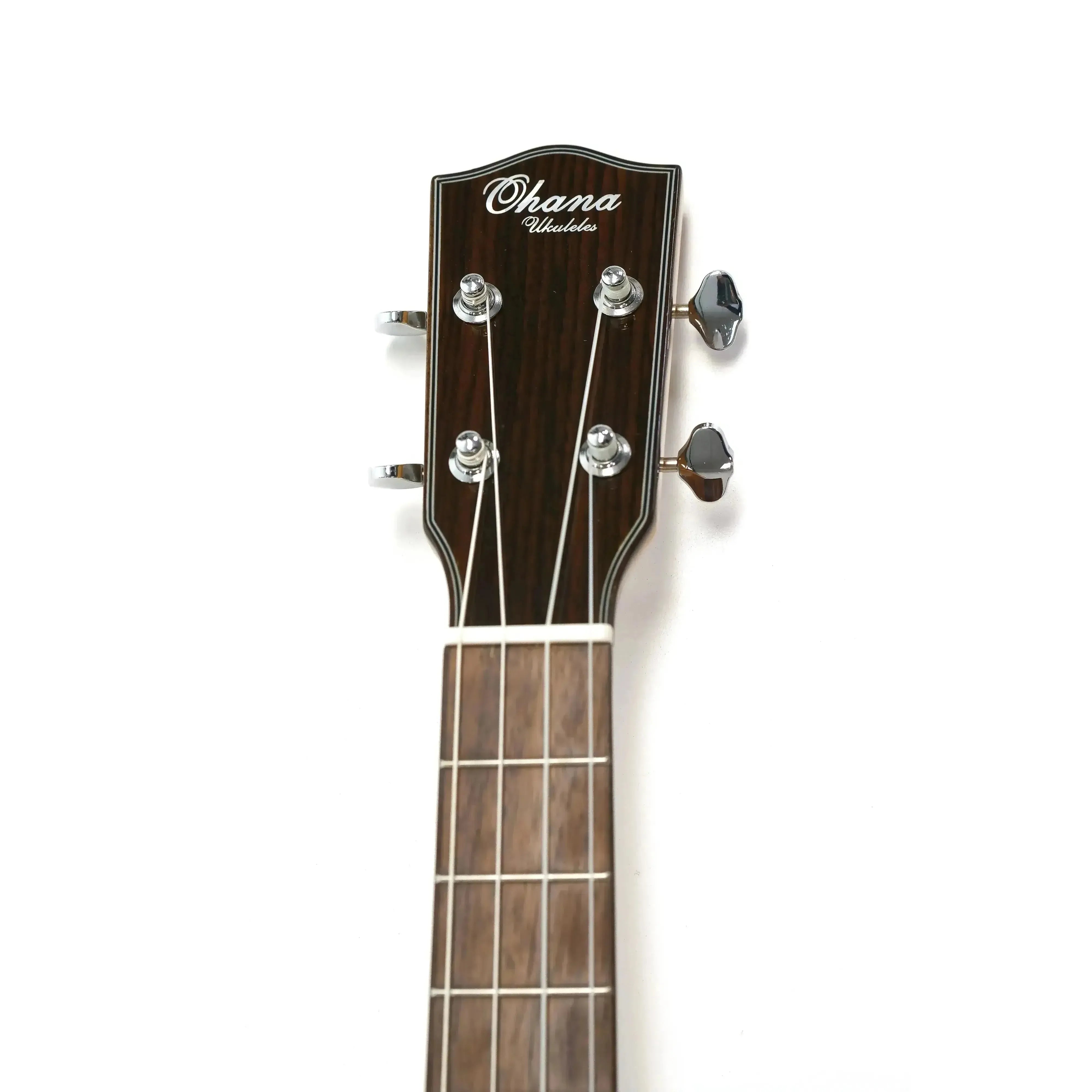 Ohana BK-35GCE Baritone Ukulele headstock with dark mahogany finish, chrome tuners, and Ohana logo.