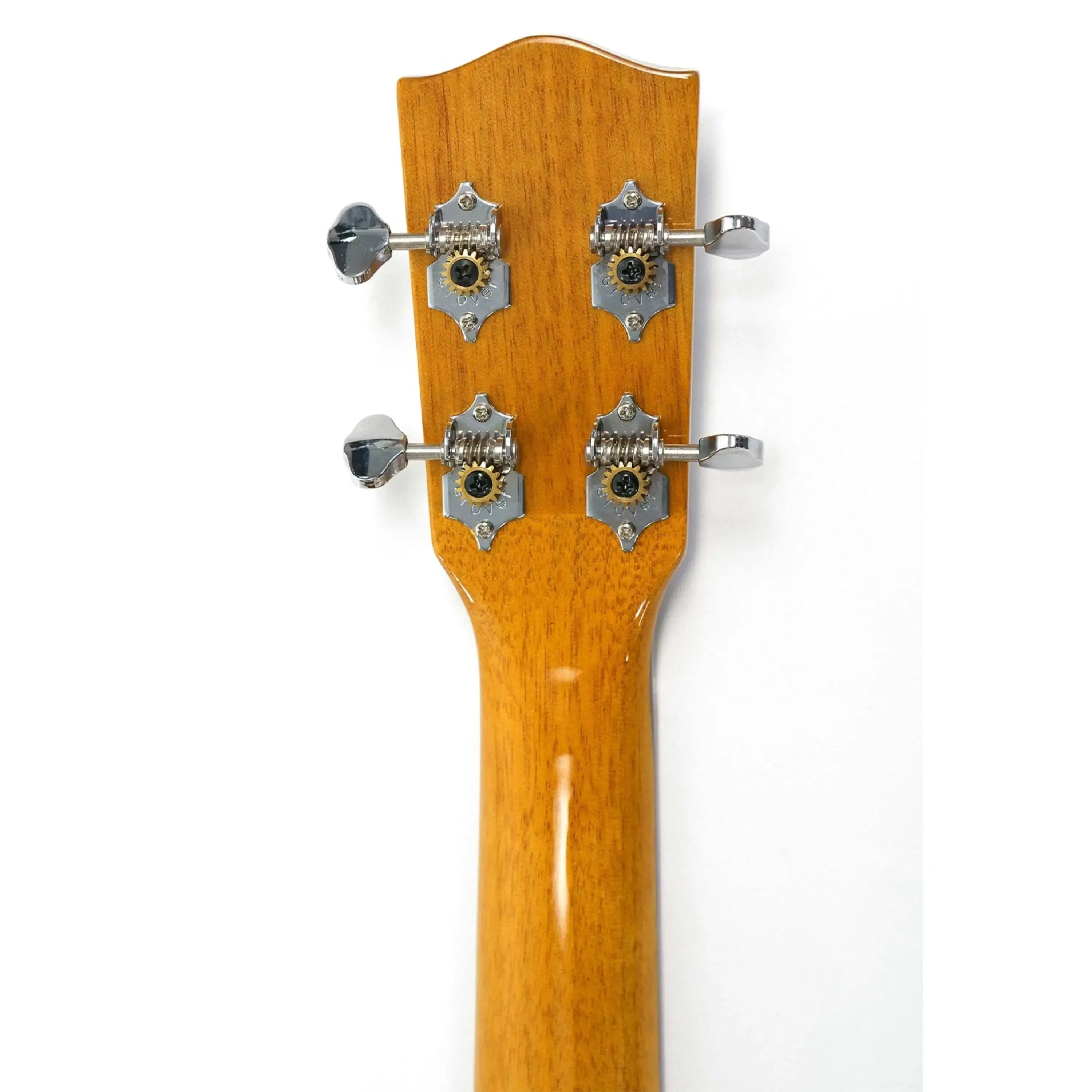 Ohana BK-35GCE Baritone Ukulele headstock with four chrome open geared tuners on solid mahogany.
