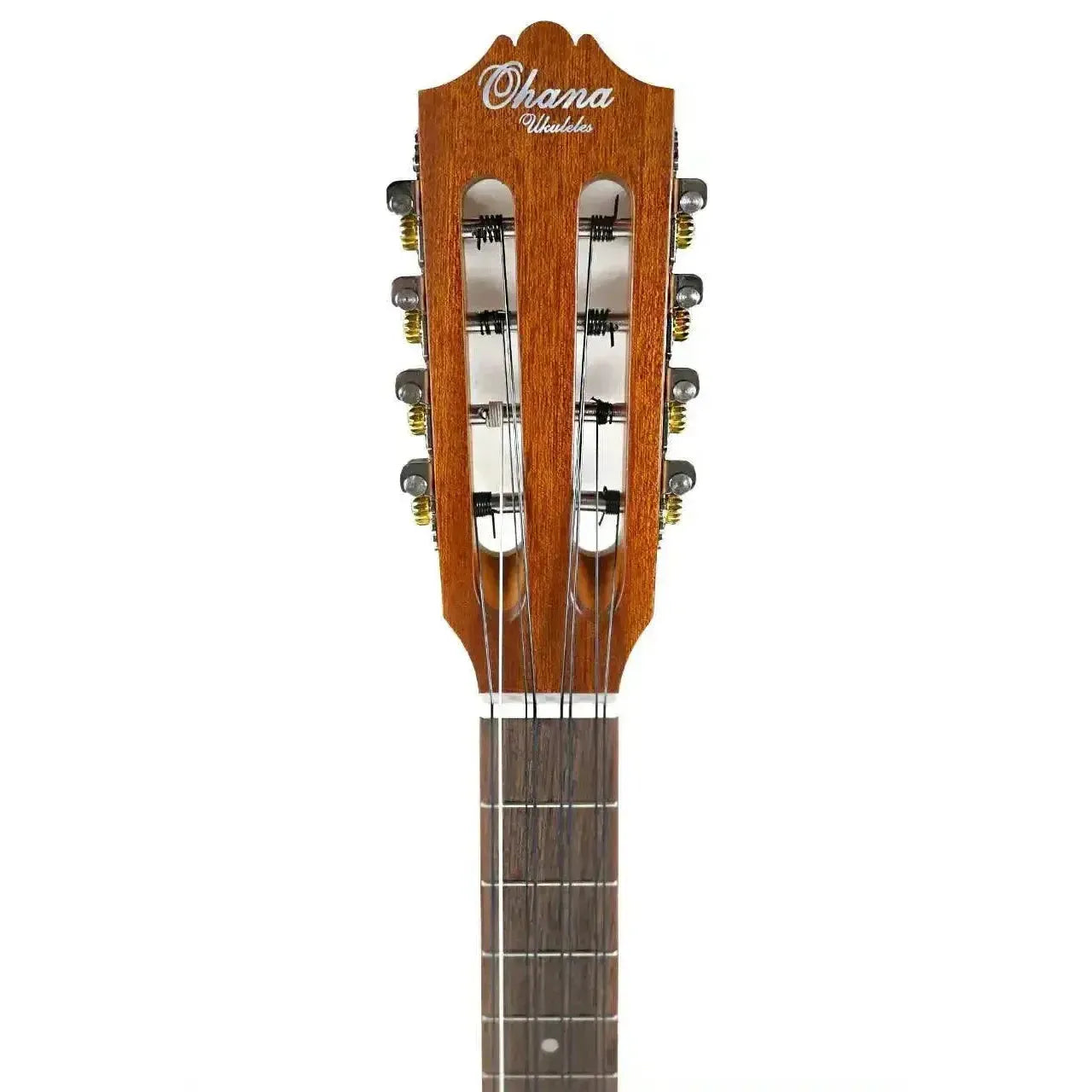 Ohana BK-70-8 8-string baritone ukulele headstock with slotted design, mahogany finish, and tuning pegs.
