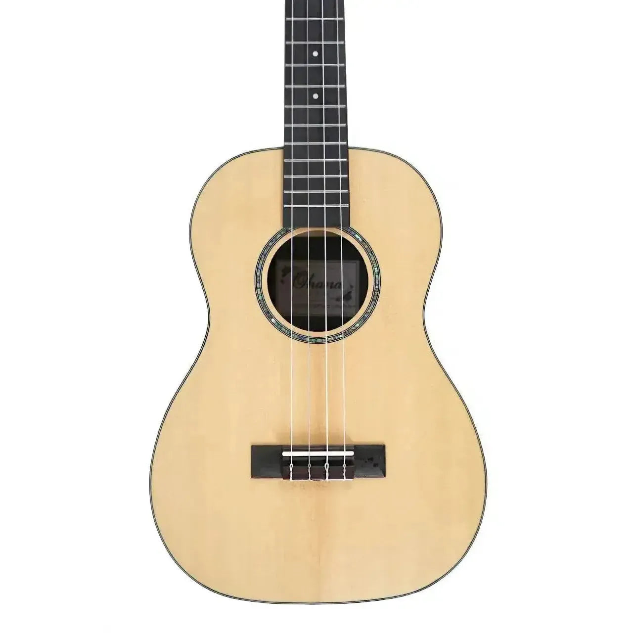 Ohana BK-70R Baritone Ukulele with light spruce top, abalone rosette, and dark bridge.