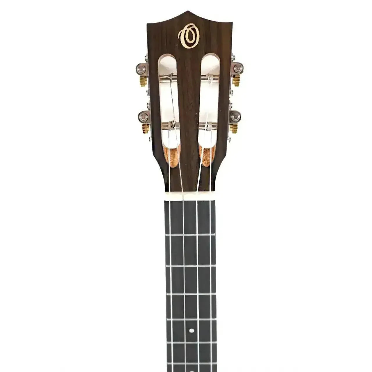 Ohana BK-70R Baritone Ukulele headstock with open slotted design, dark wood, and gold tuners.