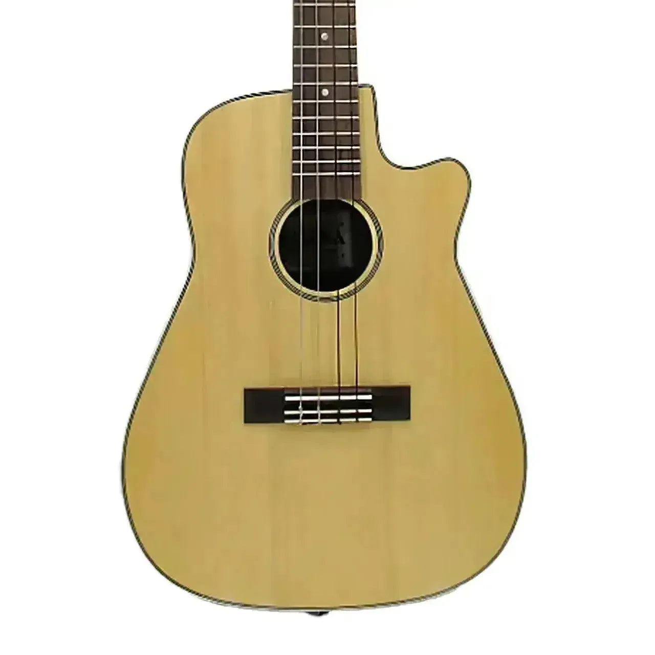 Ohana BK-70RB baritone ukulele with solid spruce top, round composite back, cutaway, and cream binding.