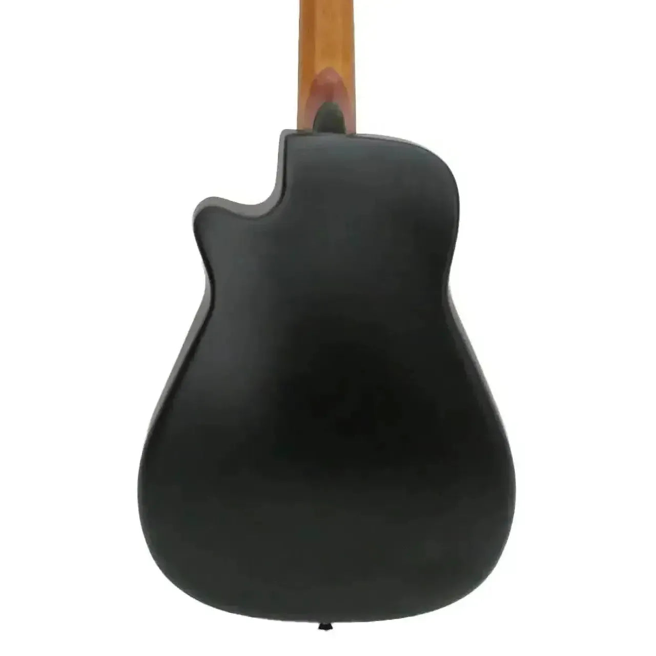Ohana BK-70RB baritone ukulele, back view, showing the black molded composite round back and light wood neck.
