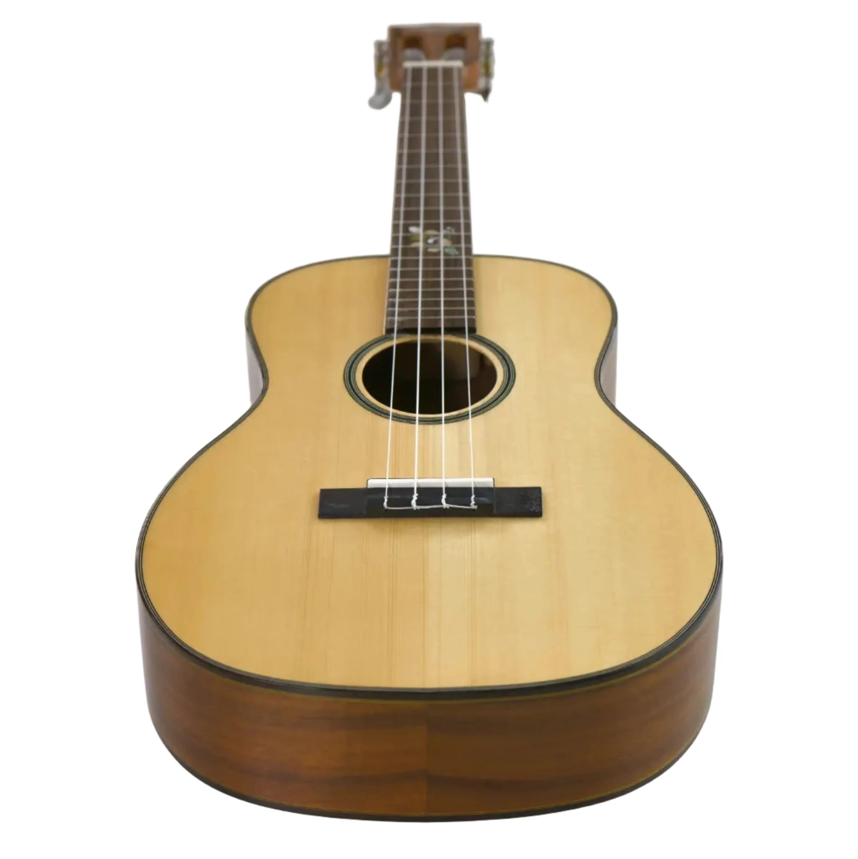 Ohana BKT-250G Baritone Ukulele with spruce top, acacia back, gloss finish, and floral inlay.