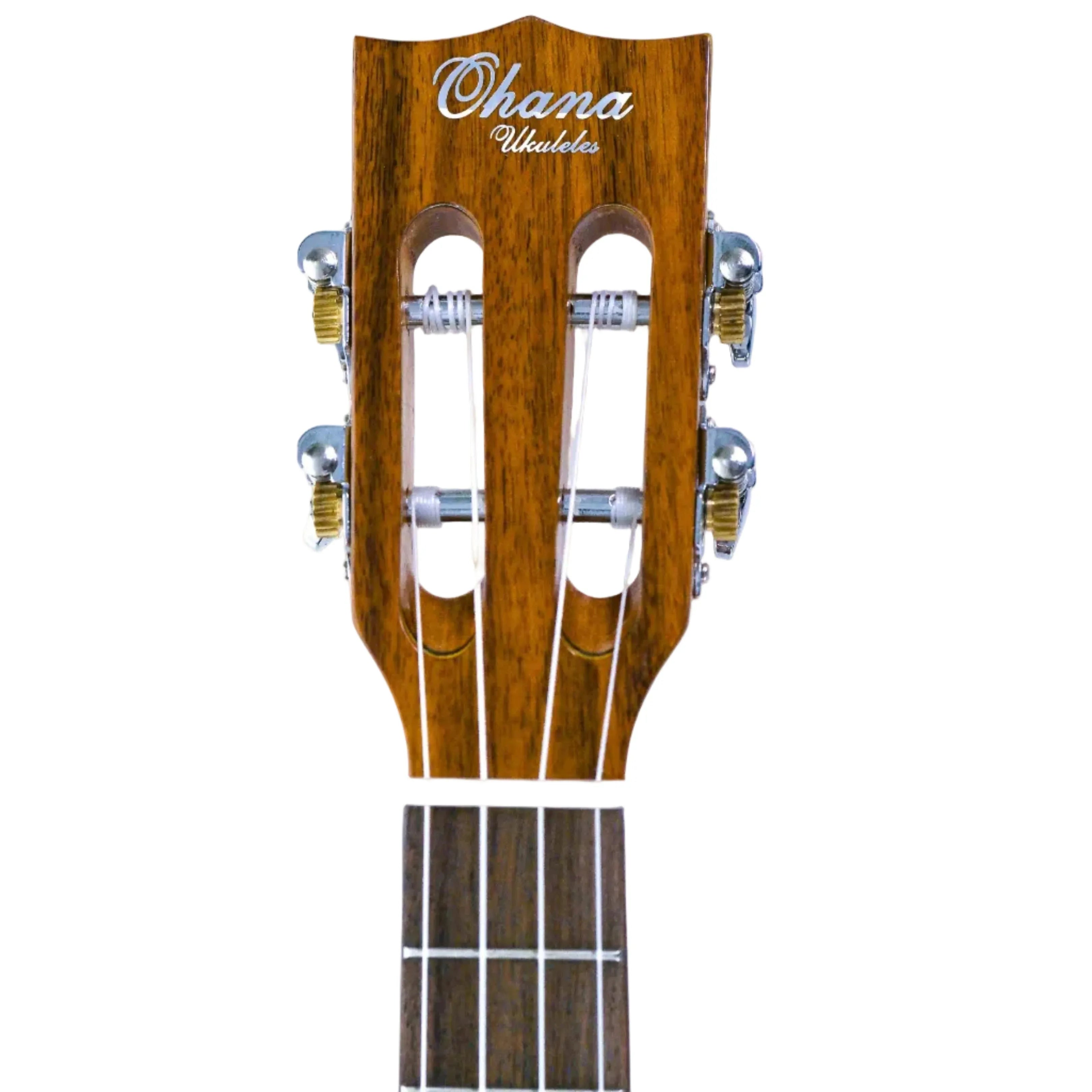 Ohana BKT-250G ukulele headstock with open slotted design, gloss finish, and "Ohana Ukuleles" logo.