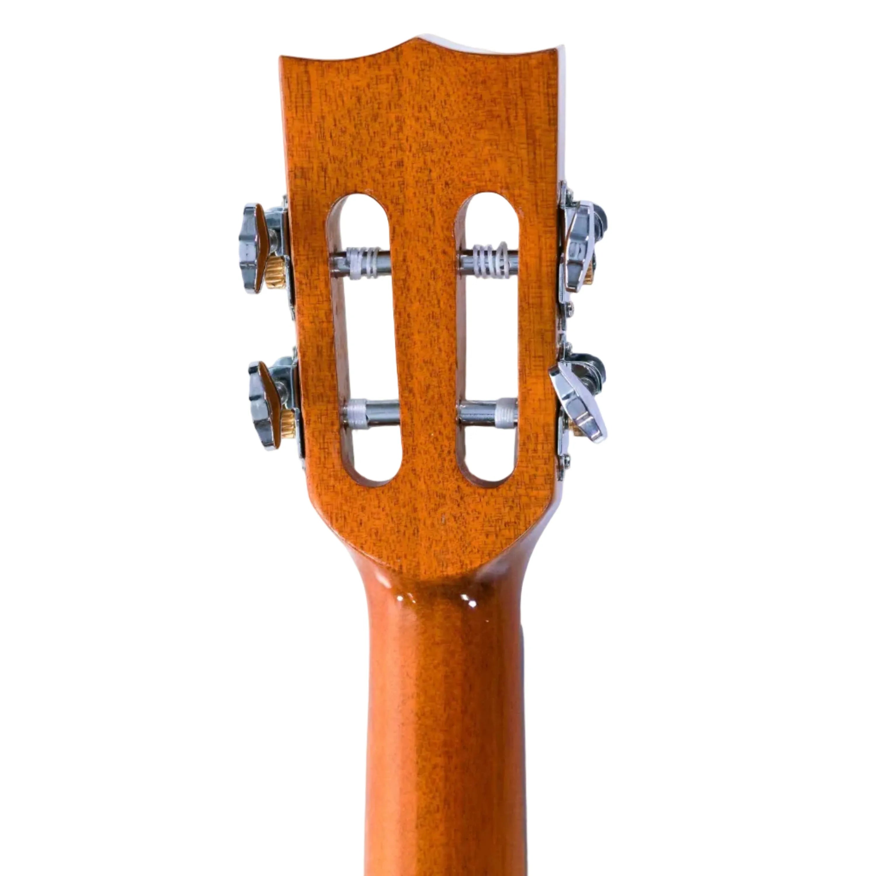 Ohana BKT-250G ukulele headstock with open slotted design, gloss finish, and chrome tuners.
