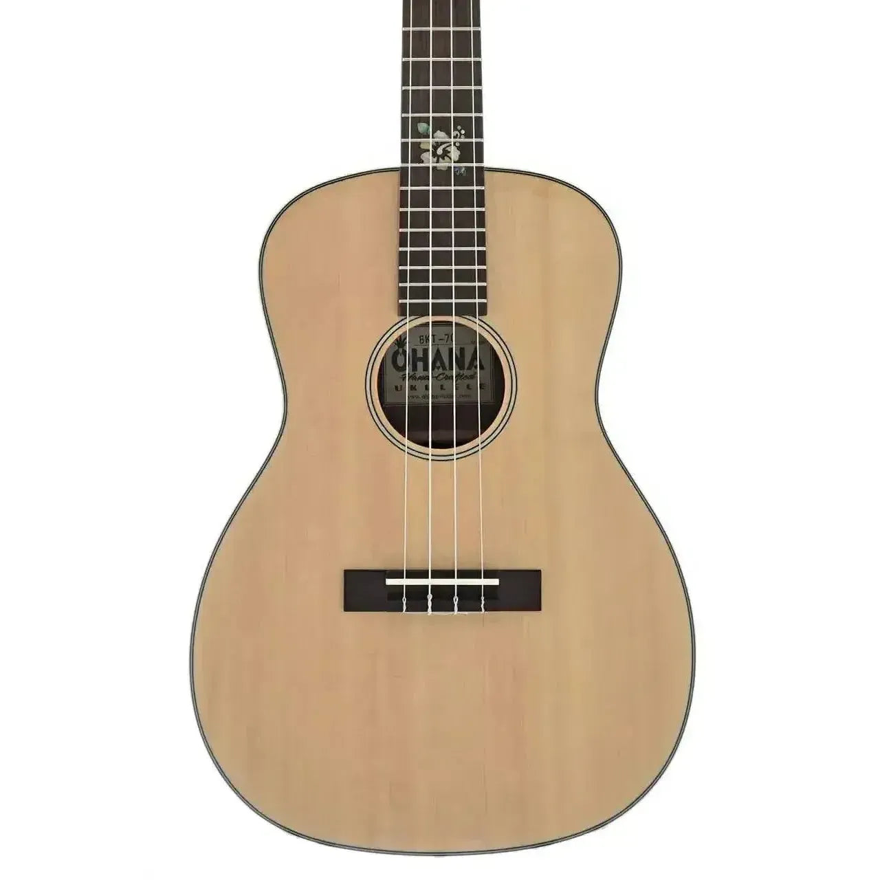 Ohana BKT-70G baritone ukulele with solid spruce top, black rosette, and cream binding.