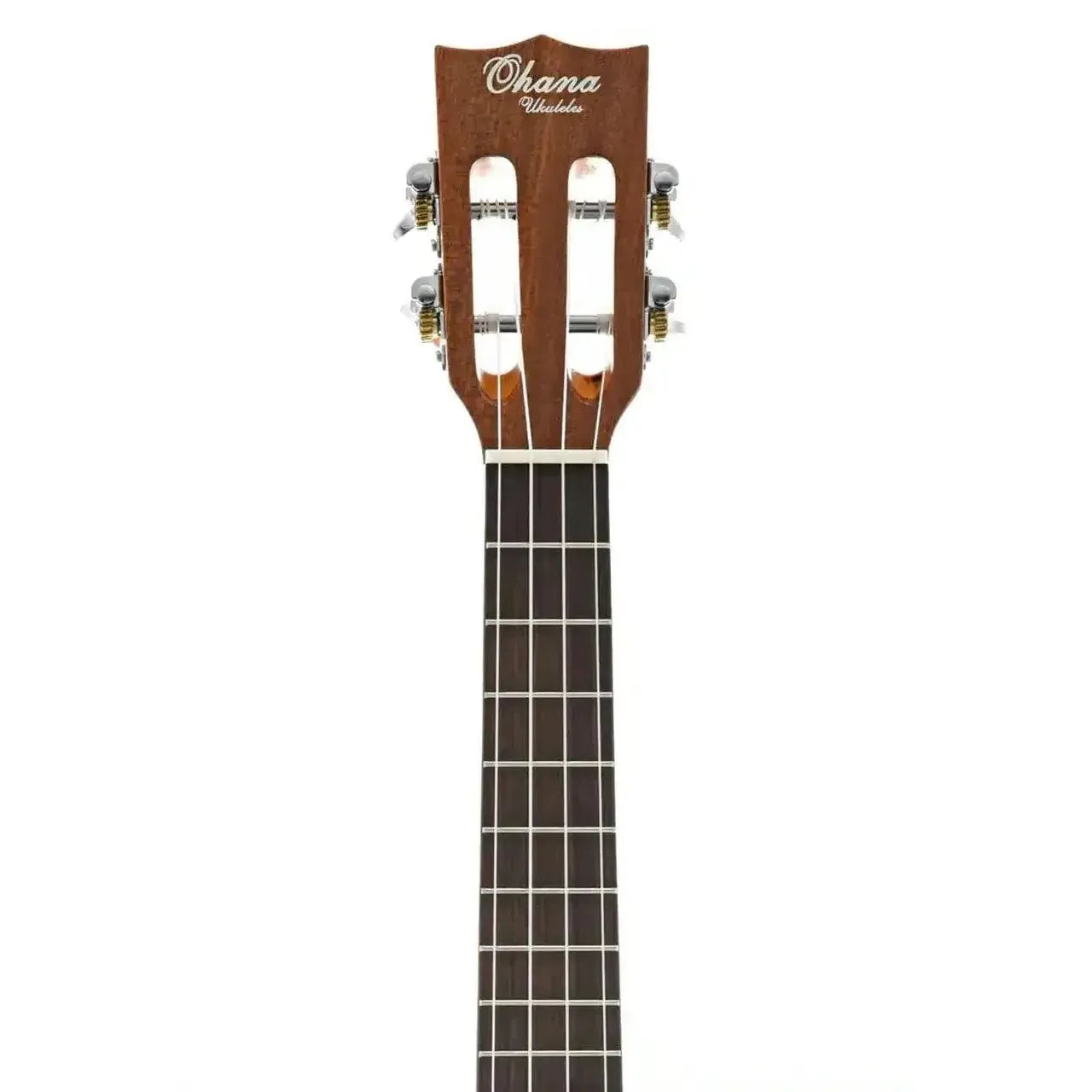 Ohana BKT-70G baritone ukulele headstock and fretboard with slotted headstock and Grover tuners.