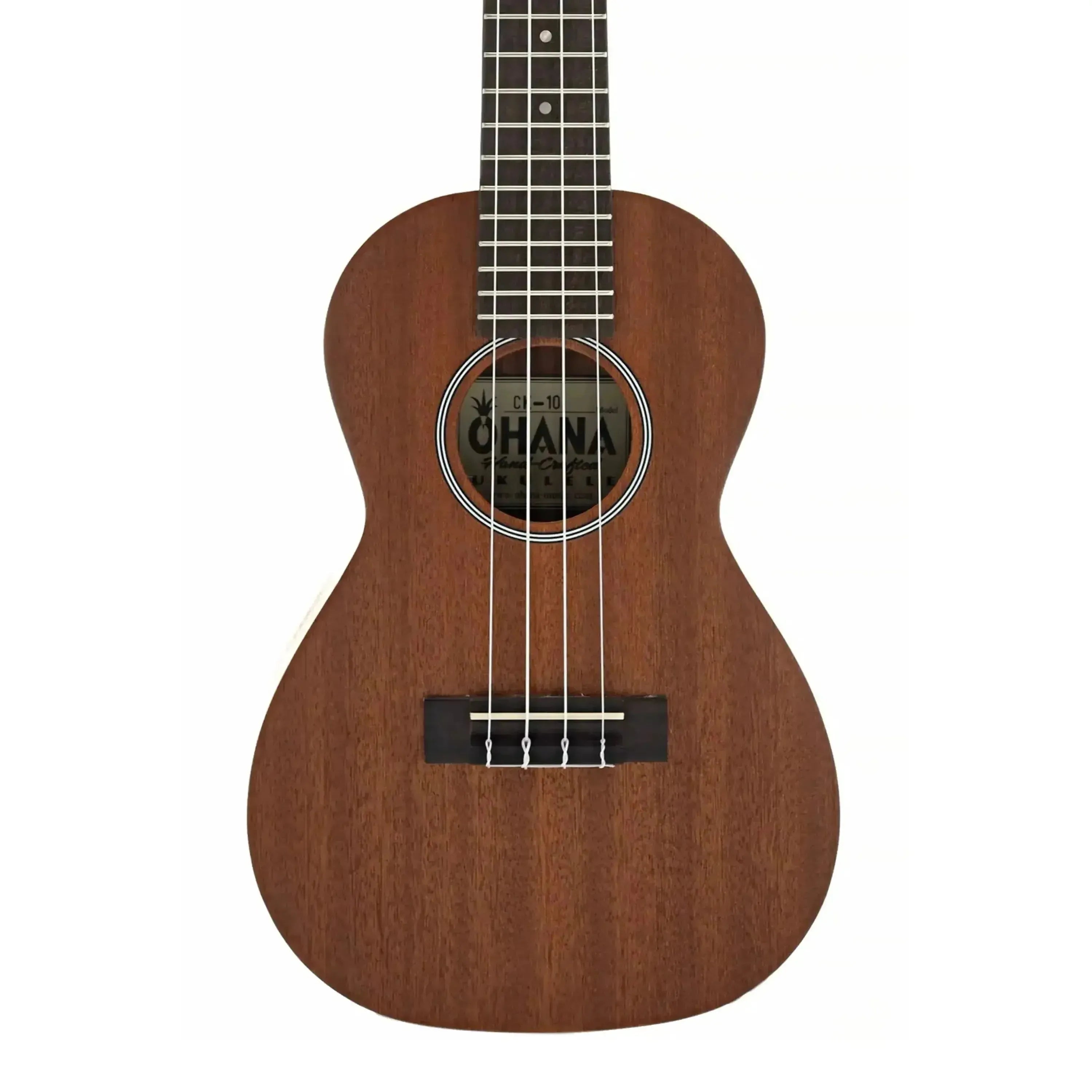 Ohana CK-10 mahogany concert ukulele with satin finish, black-and-white rosette, and white binding.