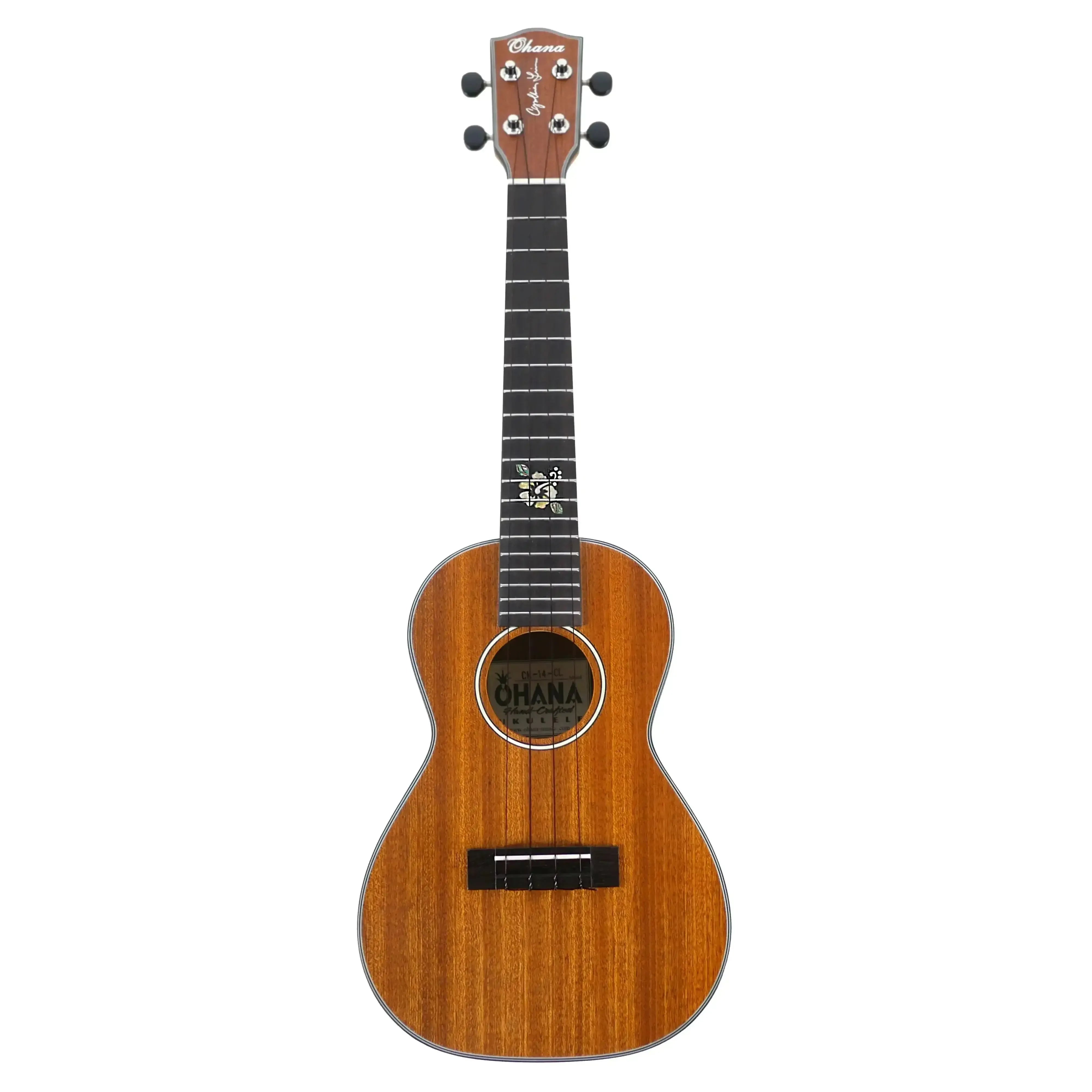 Ohana CK-14-CL Cynthia Lin Series Mahogany Concert Ukulele with satin finish and floral inlay.