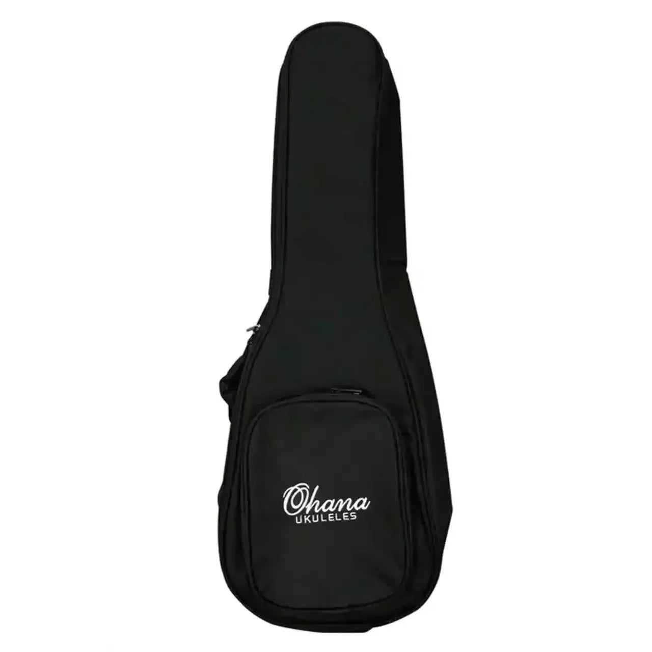 Black Ohana Ukuleles gig bag with white logo and front pocket, designed for a concert ukulele.