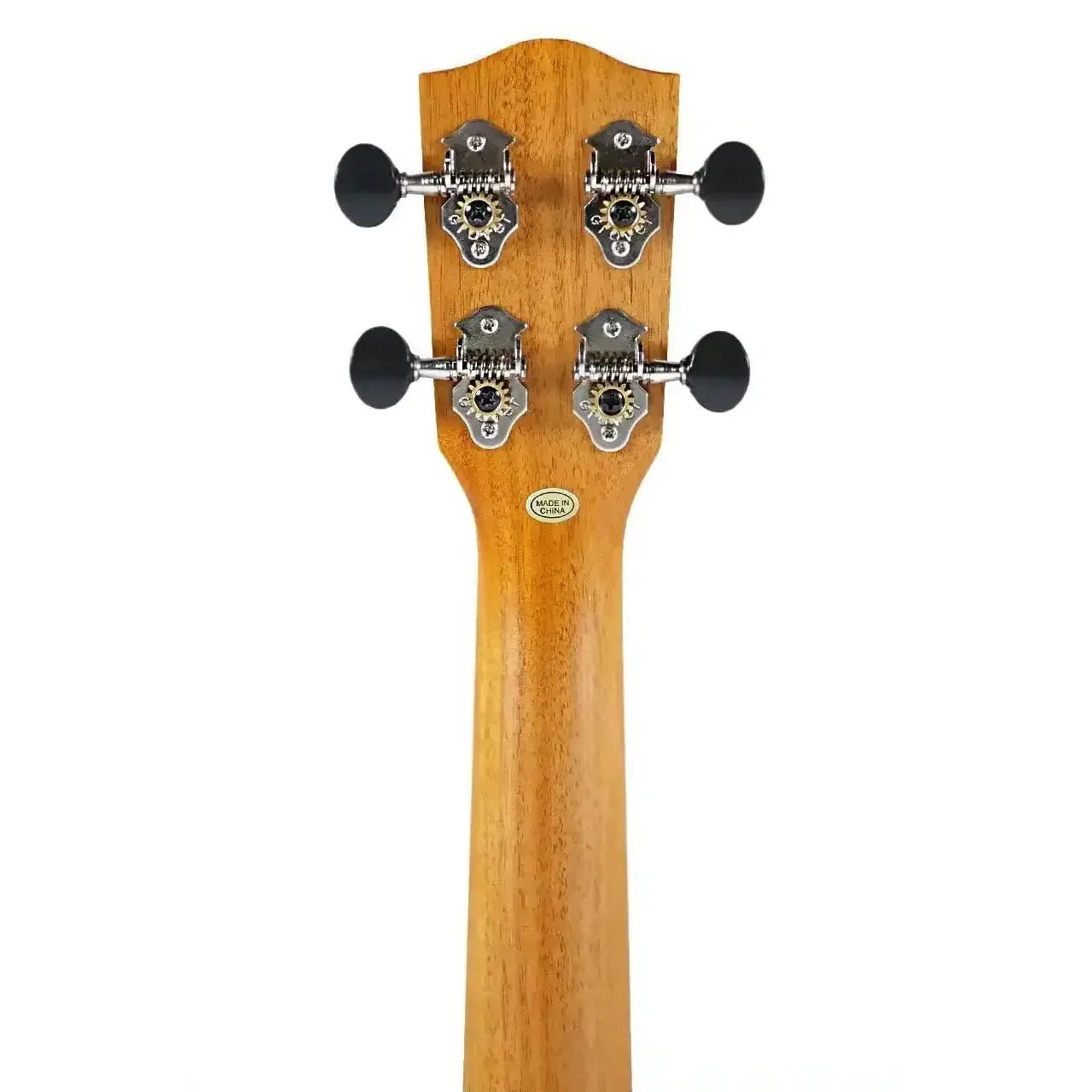 Back of Ohana Cynthia Lin Series mahogany concert ukulele headstock with Grover geared tuners.