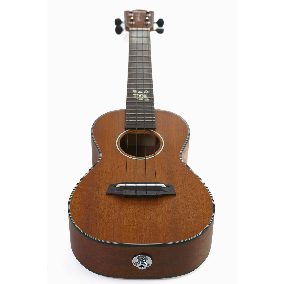 Ohana Cynthia Lin Concert Ukulele with mahogany body, satin finish, floral inlay, and pickup.