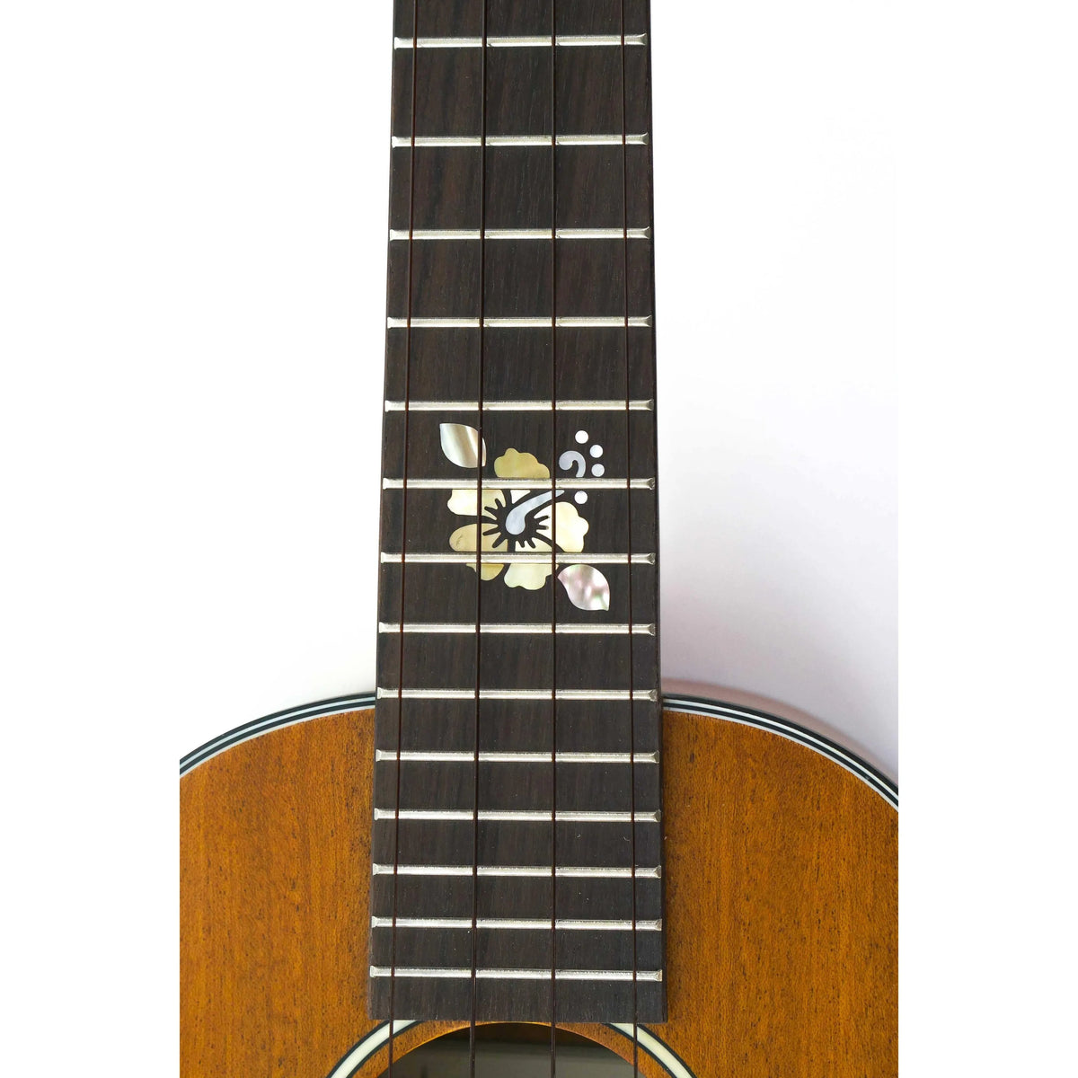 Ohana Cynthia Lin Concert Ukulele's dark fretboard with elegant floral inlay and mahogany body.