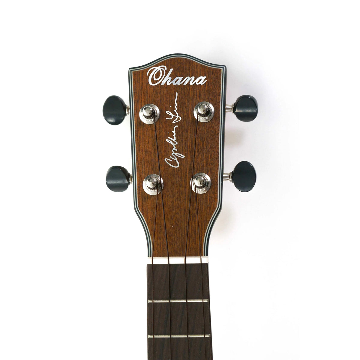 Ohana Cynthia Lin Series Concert Ukulele headstock with mahogany finish, Grover tuners, and "Cynthia Lin" signature.