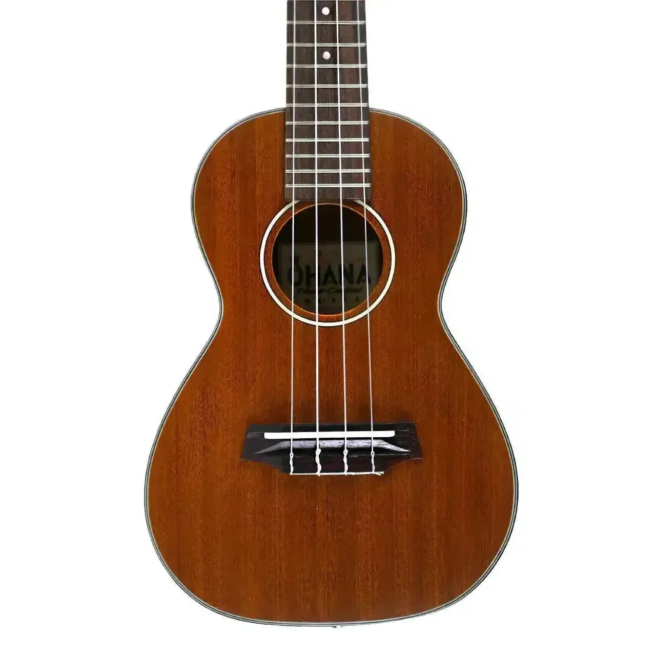 Ohana CK-14E Mahogany Concert Ukulele with a warm brown finish, black binding, and white purfling.